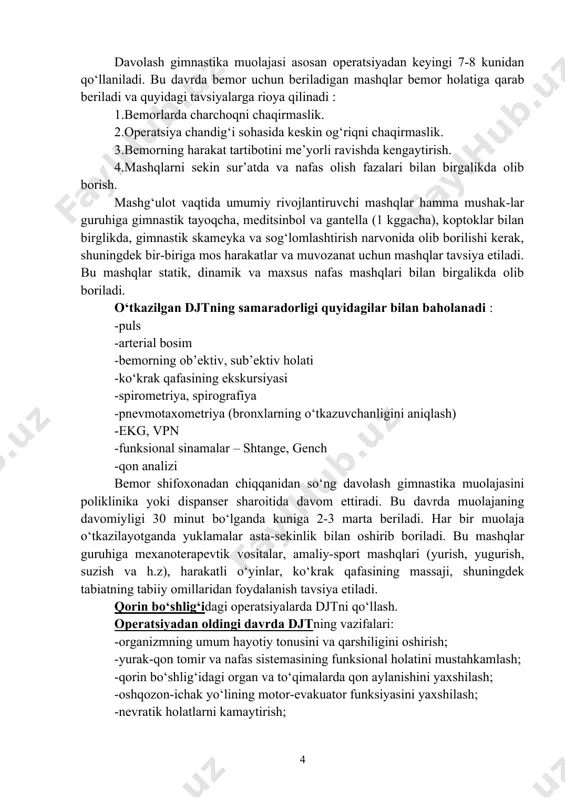 ga moslashtirish, yelka bo‘g‘imidagi chegaralanishni yo‘qotish, qaddi qomatni to‘g‘rilash maqsadida)o‘tkazilishi kerak. bu davrda ham ko‘krak qafasining, orqaning massaji tavsiya etiladi. bemorlarga statik va dinamik nafas mashqlari, maxsus tovushli gimnastika (unli va undosh harflar yordamida) nafas mashqlari beriladi. pulmonektomiya qilinganidan so‘ng o‘pka tomonidan bo‘ladigan asoratlar havflidir. shuning uchun 1-kundan boshlab davolash gimnastika muolajasi bir necha marta o‘tkziladi. 2-3 kundan bemorga nafas mashqlari operatsiya qilingan tomonida yotgan holatda bajarish tavsiya etiladi.bu bilan sog‘ tomondagi o‘pkaning ekskursiyasi oshiriladi. o‘pkaning ventilya-siyasi va drenaji yaxshilanadi. operatsiyadan keyingi kechki davrda djtni qo‘llash. vazifalari : -sog‘ o‘pkaning funksiyasini yanada rivojlantirish va qolgan o‘pka funksiyasini yaxshilash; -yurak-qon tomir sistmasining faoliyatini yaxshilash; -operatsiya qilingan tomondagi yelka bo‘g‘imining qo‘zg‘aluvchanligini oshirish; -ko‘krak qafasi, umurtqa pog‘anasi va yelka kamaridagi deformatsiya-larning oldini olish; -bemorlarni turmush malakalariga tayyorlash. davolash gimnastika muolajasi asosan operatsiyadan keyingi 7-8 kunidan qo‘llaniladi. bu davrda bemor uchun beriladigan mashqlar bemor holatiga qarab beriladi va quyidagi tavsiyalarga rioya qilinadi : 1.bemorlarda …