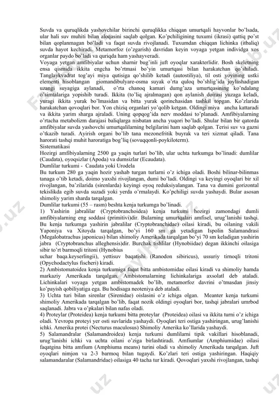 rnirdek bug’imlari qo’shilgan oldingi va keyingi oyoqlari kuchli muskullar yordamida amalga oshiriladi. organizm bilan muhit o’rtasida gaz almashishi o’pkada o’tadi. amfibiyalarning lichinkalari jabra bilan nafas oladi. sudralib yuruvchilar, qushlar va sut emizuvchilarning dastlabki embrional taraqqiyot davrida jabra yoriqlari yo’qolib ketadi va o’pka hosil bo’ladi. natijada ikkita qon aylanish doirasi yuzaga keladi: yurak-o’pka-yurak hamda yurak-tana-yurak. bosh miyaning nisbiy o’lchami oshadi va uning bo’limlari to’liq bir-biridan ajralib boradi. sezish organlari havo muhitida ishlashga moslashib boradi: burun bo’shlig’ida hidlov va respirator (changdan tozalovchi) bo’limlar paydo bo’la boshlaydi, o’rta quloq va tashqi quloq yuzaga keladi, qovoqlar va tashqi quloq bo’ladi, ko’z gavhari va shox pardaning shakli o’zgaradi, yon chiziq organi (amfibiyalarning lichinkasidan tashqari) yo’qolib ketadi, teridagi bezlar ko’p hujayrali bo’ladi. to’rtoyoqli umurtqali hayvonlarning morfologik va ekologik xilma-xilligi ularni butun biosferani egallab olganligi natijasida yuzaga keldi. to’rt oyoqlilar katta sinfi to’rtta sinfga bo’linadi. 1 – suvda va quruqlikda yashovchilar sinfi – amphibia 2 - sudralib …