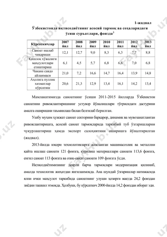 лпи ҳажмини 20,4% га, озиқ-овқат саноатини -17,2% га, енгил саноатни - 15,6% гача ошириш кўзда тутилган. ушбу соҳаларнинг умумий саноат қутисига бўлган ҳиссаси 53,2% гача ошади. жаҳон тажрибасининг кўрсатишича, иқтисодий ислоҳотларни амалга ошириш инвестицияларни, хусусан, турли соҳалардаги инвестиция лойиҳаларини амалиётга самарали татбиқ этиш билан таъминланади. амалга оширилаётган инвестиция лойиҳаларининг ҳажмига қараб иқтисодиётда юз бераётган ўзгаришлар ва силжишлар ҳақида хулоса чиқариш мумкин. бизга маълумки, ўзбекистон 2009-2014 йилларда умумий қиймати 55,4 млрд. доллар бўлган 300дан ортиқ инвестиция лойиҳаларини амалга оширишни режалаштирган. 2009-2014 йилларда амалга ошириш кўзда тутилган инвестицион лойиҳалар дастурини тўлиқ амалга ошириш учун барча молиявий манбалар ҳисобидан жами 42,5 млрд. доллар миқдорида маблағ ажратилиши кўзда тутилган. хусусан нефт-газ тармоғига 21536 млн. доллар, тоғ-кон ва металлургия саноатига 1876 млн. доллар, машинасозлик саноатига 1176 млн. доллар, энергетикага 4517 млн. доллар, қурилиш молларини ишлаб чиқариш саноатига 983 млн. доллар, кимё саноатига 3078 млн. доллар, транспорт ва инфратузилма саноатига 5787 млн. доллар, енгил саноатга 870 …
