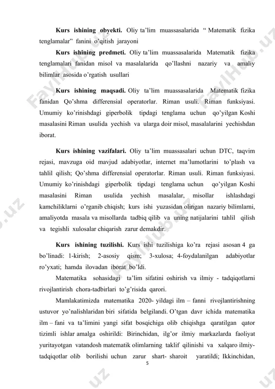 akkab masalalardan iborat va boshqa fanlarda o’tiladigan mavzular bilan uyg’unlashtirilmagan; uchinchidan, matematikaga qiziquvchan, xalqaro olimpiadalar g’oliblari bo’lgan aksariyat iqtidorli yoshlarimiz hududlardan bo’lishiga qaramasdan ularning kelgusi rivojlanishi uchun oliy ta’lim va ilm- fan sohasida zarur shart – sharoit yaratib berilmagan; to’rtinchidan, matematika sohasidagi ilmiy- tadqiqotning amaliyot va ishlab chiqarish bilan bog’liqligi zaifligicha saqlanib qolmoqda; beshinchidan, sohadagi olimlarning xorijiy ilmiy va ta’lim muassasalari bilan aloqalari milliy matematikani jahon miqyosiga olib chiqish, xalqaro hamjamiyatda nufuzini oshirish uchun yetarli emas. ta’limning barcha bosqichlarida matematika fanini o’qitish tizimini yanada takomillashtirish, pedagoklarning samarali mehnatini qo’lla- quvvatlash, ilmiy- tadqiqot ishlarining ko’lamini kengaytirish va amaliy ahamiyatini oshirish, xalqaro hamjamiyat bilan aloqalarni mustahkamlash, shuningdek, 2017- 2021- yillarda o’zbekiston respublikasini rivojlantirishning beshta ustuvor yo’nalishi bo’yicha xarakatlar strategiyasini “ ilm, ma’rifat va raqamli iqtisodiyotni rivojlantirish yili ” da amalga oshirishga oid davlat dasturida belgilangan vazifalar ijrosini ta’minlash maqsadida. 1. quyidagilar matematika sohasidagi ta’lim sifatini oshirish , ilmiy- tadqiqotlarni rivojlantirish va ilmiy …
