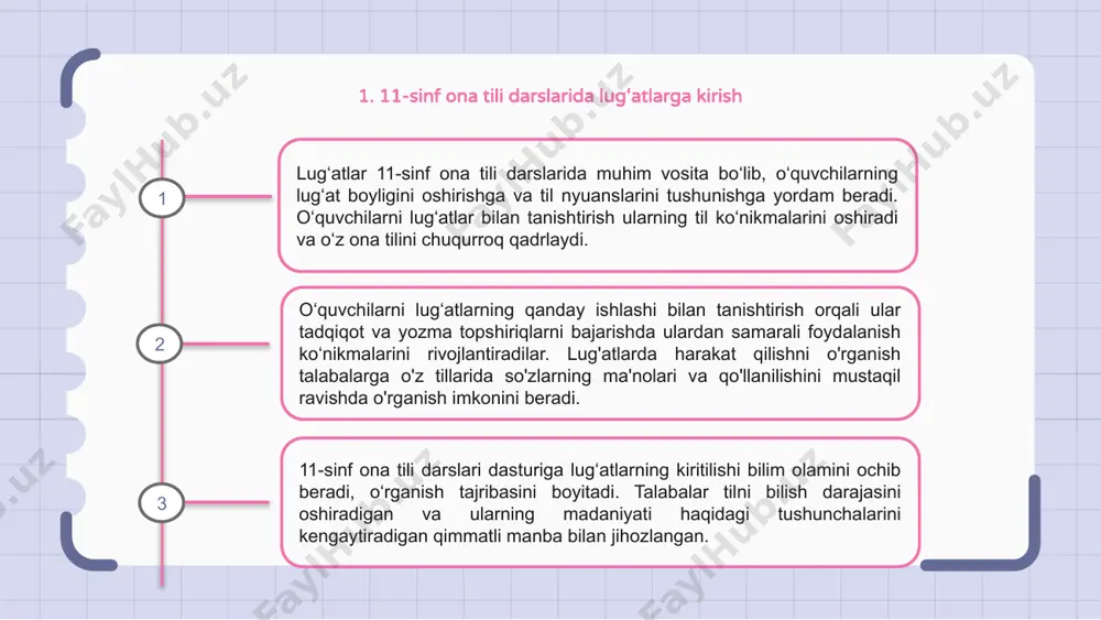 arni tushunishni yaxshilashga yordam beradi. lug‘at faoliyati bilan shug‘ullanish til nyuanslarini chuqurroq tushunishga yordam beradi va o‘quvchilarning leksik repertuarini kengaytiradi. shuningdek, u tilshunoslikda mustaqil o'rganish va tanqidiy fikrlashni rag'batlantiradi. lug'at vazifalarini darslarga qo'shish orqali o'qituvchilar faol ishtirok etish va boy til o'rganish tajribasiga yordam beruvchi dinamik va interaktiv o'quv muhitini yaratishi mumkin. 1 2 3 7. lug‘at ishini dars ishlanmalariga kiritish 11-sinf ona tili darslarida lug‘at ishlarini dars ishlanmalariga kiritish o‘quvchilarning tilini rivojlantirishda muhim ahamiyatga ega. o‘qituvchilar o‘quvchilarga lug‘atlardan unumli foydalanishni o‘rgatish orqali ularning so‘z boyligi va tushunish ko‘nikmalarini oshirishga yordam beradi. lug‘at ishlarini dars ishlanmalariga kiritish o‘quvchilarga lug‘at ko‘nikmalarini tuzilgan va maqsadli tarzda mashq qilish imkonini beradi. 8. o‘quvchilarning lug‘at ko‘nikmalarini baholash 11-sinf ona tili darslarida o‘quvchilar o‘qishlarida lug‘atlardan unumli foydalanishni o‘rganadilar. tilni bilish uchun lug'at ko'nikmalarining ahamiyati ta'kidlanadi. talabalarning lug'at ko'nikmalarini baholash ularning so'zlarni qidirish, ta'riflarni tushunish, sinonim va antonimlardan foydalanish qobiliyatini baholashni o'z ichiga oladi. bu ularning …