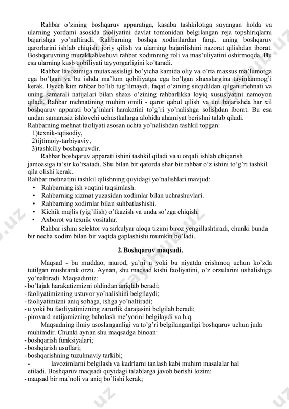 h, hisobotlarni tayyorlash va tahlil etish, texnik hujjatlarni ishlab chiqish va h.k. lardan iborat. yordamchi texnik xizmatchilar jumlasiga kotibalar, mashinistkalar, ish yurituvchilar, hisoblash byurosi operatorlari, hisobchilar, chizmachilar, ekspeditorlar kiradi. xizmatchilar axborotlarning o’z vaqtida texnik ishlab chiqilishini ta’minlaydilar, ularni tartibga solish, saklash, hisobini yuritish, ko’paytirish, jo’natish va h.k. ishlarni amalga oshiradilar. boshqaruv xodimlarining konkret tarkibiy tuzilmasi korxonaning shtatlar ro’yxatiga binoan aniqlanadi. boshqaruv mehnati - bu bevosita rahbar mehnati bo’lib, korxona miqyosida yoki umuman boshqaruv tizimida uning faoliyati muhim o’rin egallaydi. bu esa o’z xarakteri bo’yicha - siyosiy va klassik faoliyatdir. rahbar davlat ko’rsatmalarini ro’yobga chiqaradi, u xo’jalik tizimia davlatning vakili hisoblanadi. boshqacha qilib aytganda, haqiqiy rahbar - ushbu jamoaning ilg’or kishishsi bo’lib, u o’z korxona va tashkilotining foydasini ko’zlovchi va korxona sha’nini himoya qiluvchi shaxsdir. rahbar o’zining boshqaruv apparatiga, kasaba tashkilotiga suyangan holda va ularning yordami asosida faoliyatini davlat tomonidan belgilangan reja topshiriqlarni bajarishga yo’naltiradi. rahbarning boshqa xodimlardan farqi. uning boshqaruv …