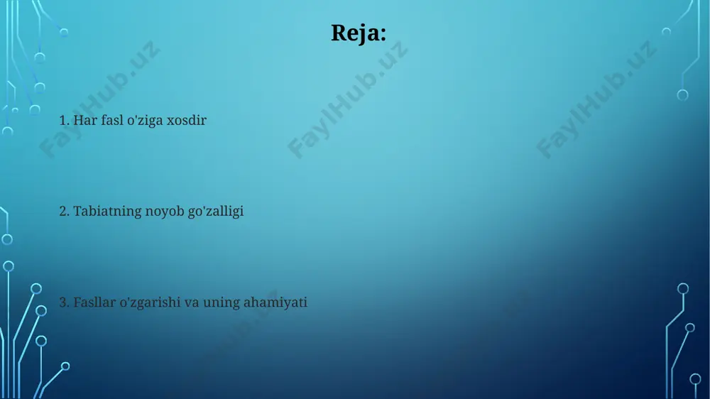 n odamlar mavsumiy depressiyaga moyil bo'lib, bu esa shifokorlarga 30% ko'proq murojaatlarni keltirib chiqaradi. fasllar va qishloq xo'jaligi namangan viloyatida meva-sabzavot yetishtirishda 200 ga yaqin fermer xo'jaliklari faoliyat yuritmoqda va har bir mavsum uchun turli xil o'simliklarni ekish orqali tuproq unumdorligini saqlaydilar. o'zbekistonning andijon viloyatida paxta yetishtirishda 300 dan ortiq xil navlar qo'llaniladi va har bir mavsum uchun mahsuldorlikni oshirish maqsadida eng mos navlar tanlanadi. fasllar davrasining ajoyib sikli bahor faslida, taxminan mart oyidan may oyigacha, o'zbekistonning turli hududlarida 100 dan ortiq turdagi gullar 2 hafta ichida ochiladi. kuz mavsumining 90 kunida, samarqand viloyatida, mevalar va sabzavotlarning 70% dan ortig'i yig'ib olinadi va saqlash uchun tayyorlanadi. kelajakda fasllar va iqlim o'zgarishi kelajakda, o'zbekistonning ayrim hududlarida, masalan, qashqadaryo viloyatida, yillik yog'in miqdori 20% ga kamayishi va 35°c dan yuqori haroratlarning ko'payishi kutilmoqda, bu qishloq xo'jaligiga salbiy ta'sir ko'rsatadi. iqlim o'zgarishi tufayli, 2050 yilga kelib, dunyoning ko'plab mintaqalarida, shu jumladan, markaziy osiyoda …