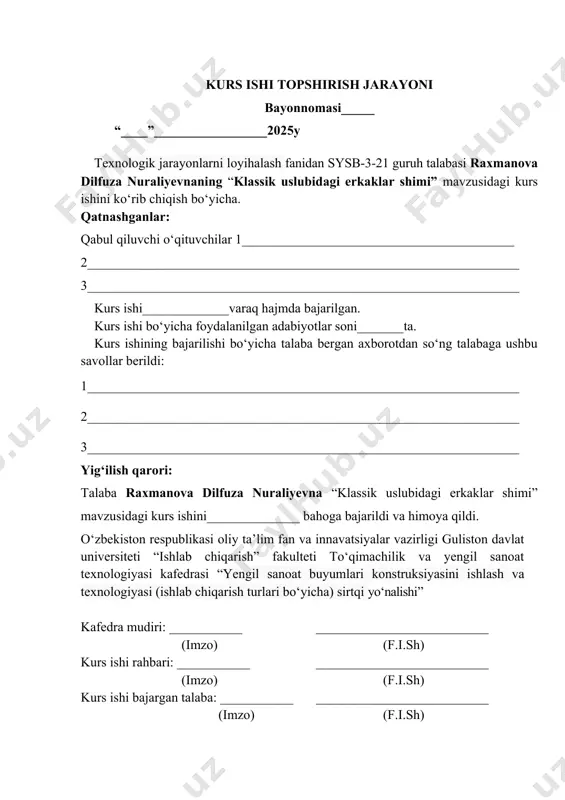 urs ishi bajargan talaba: ___________ __________________________ (imzo) (f.i.sh) mundarija kirish................................................................................................................. 4 i.bob. bel kiyimlariga ishlov berish texnologik jarayoni………………………………………………………………….. 7 1.1. erkaklar shimi assortimentiga oid umumiy ma’lumotlar…………………. 7 1.2. erkaklar shimi uchun gazlama assortim enti va uning xususiyatlari…….. 9 1.3. erkaklar shimini tayyorlash texnologik jarayoni…………………………. 10 1.4. erkaklar shimiga texnologik ishlov berish ketma – ketligi……………… 19 ii-bob. klassik uslubdagi erkaklar shimlarining tarixi va dizayni……………………………………………………… 31 2.1. klassik uslubdagi erkaklar shimlarining tarixi………………………….. 31 2.2. klassik uslubdagi erkaklar shimlarining dizayni………………………… 31 2.3. erkaklar shimini tikish ketma-ketligini tuzish va mayda bo‘laklarini tayyorlash……………………………………………………………………… 41 xulosa........................................................................................................... 55 foydalanilgan adabiyotlar………………………………….. 56 kirish mustaqillik davrida ijtimoiy-iqtisodiy, siyosiy va madaniy hayotimizda jiddiy o‘zgarishlar ro‘y berdi. hozir ham bu jarayon davom etmoqda. bunda tabiyki yengil sanoat va moda industuriyasi dizaynerlarning faoliyati ham mustasno emas. bugungi kunda o‘zbek dizaynerlarining faoliyati jiddiy sifat o‘zgarishlarini boshdan kechirmoqda. yuqori sifat va mukammal dizan asosida yaratish bugungi kunning dolzarb masalalaridan biridir. o‘zbekiston respublikasi prezidenti shavkat …