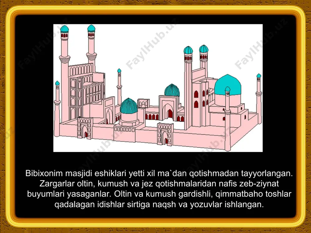 iqobda) odamlar orasida turgan holati va me`rojga chiqishlariga oid lavhalar uchraydi. musavvirlar firdavsiy, nizomiy, dehlaviy, so`ngra jomiy va navoiy asarlariga rasmlar ishlagan mirzo ulug`bek davrida samarqandda birinchi akademiyaga asos solindi, yer kurrasini o`lchash va falaqqiyotshunoslik jadvallarini tuzish ishlari amalga oshirildi. samarqand rasadxonasining qurilishi ulkan madaniy voqea bo`lib, jihozi va ilmiy yutuqlari jihatidan unga teng keladigan rasadxona yo`q edi. rasadxonada ulug`bek matematika, geometriya, falaqqiyotshunoslikda chuqur bilimlar sohibi edi. ali qushchi, muhammad хavofiylar uning sevimli shogirdlari bo`lgan. xv asrning ikkinchi yarmi o`zbek adabiyotining eng rivojlangan davri bo`lib, bu yuksalik тemuriy boyqaro va o`zbek adabiyotining porloq quyoshi navoiy nomlari bilan bog`liq. boyqaro hukmronligi davrida adabiyot, san`at va fanning ko`p sohalari rivojiga katta ahamiyat bergan. markaziy osiyoda xi asrdan boshlab yoyila boshlagan tasavvuf ta`limoti bu davrga kelib movarounnaxr va хurosonda tasavvufning yassaviy, kubroviya, qodiriya va ayniqsa naqshbandiya tariqati ma`naviy hayotda katta rol o`ynaydi. naqshbandiya tariqati yusuf hamadoniy g`ijduvoniy va xiv asrga kelib bahovuddin naqshband …