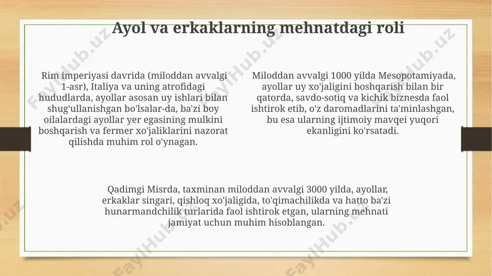 hilik va qo'l mehnati qadimgi misrda, taxminan 3000 yil avval, hunarmandlar 20 dan ortiq turdagi toshni qayta ishlash usullarini qo'llagan holda, piramidalar qurilishi uchun murakkab bezakli toshlarni yaratishgan. samarqand yaqinidagi afrasiab shaharchasidan topilgan arxeologik qazishmalar, milodiy vii asrga oid kulolchilik buyumlarining 15 dan ortiq turini aniqladi, bu hunarmandlarning yuqori malakasini ko'rsatadi. miloddan avvalgi 2000 yilda mesopotamiyada yashovchi hunarmandlar, 50 ga yaqin turdagi metallarni, jumladan mis, kumush va oltinni qayta ishlash bo'yicha mukammal texnologiyalarga ega bo'lib, murakkab zargarlik buyumlarini yaratishgan. bolalar mehnati misrning qadimgi davrida, taxminan milodiy ii ming yillikda, 12-15 yoshli bolalar mehnati, xususan, qurilish ishlarida, masalan, piramidalar qurilishida keng tarqalgan edi. bunday sharoitlar ko'plab bolalar o'limini keltirib chiqargan. qadimgi rimda, taxminan milodiy 1-asrda, 5-10 yoshli bolalar ko'pincha qishloq xo'jaligida, masalan, zaytun terimida yoki bug'doy dalalarida ishlashgan, bu ularning jismoniy rivojlanishiga salbiy ta'sir ko'rsatgan. hindistonning gandara mintaqasida topilgan arxeologik dalillar milodiy i asrda 7-12 yoshli bolalar hunarmandchilikda, masalan, to'qimachilik va …
