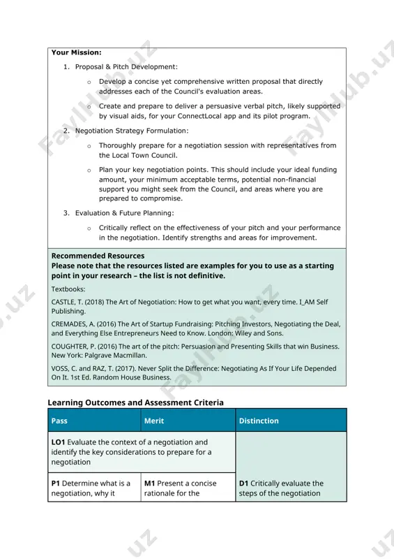 ten proposal that directly addresses each of the council's evaluation areas. · create and prepare to deliver a persuasive verbal pitch, likely supported by visual aids, for your connectlocal app and its pilot program. 2. negotiation strategy formulation: · thoroughly prepare for a negotiation session with representatives from the local town council. · plan your key negotiation points. this should include your ideal funding amount, your minimum acceptable terms, potential non-financial support you might seek from the council, and areas where you are prepared to compromise. 3. evaluation & future planning: · critically reflect on the effectiveness of your pitch and your performance in the negotiation. identify strengths and areas for improvement. recommended resources please note that the resources listed are examples for you to use as a starting point in your research – the list is not definitive. textbooks: castle, t. (2018) the art of negotiation: how to get …