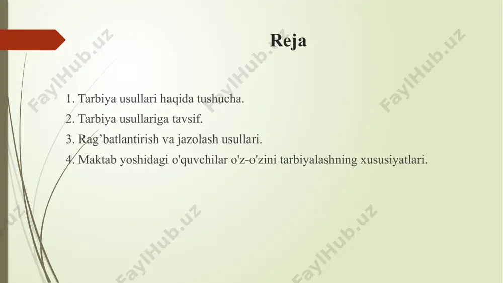 zlash, o’rnak bo’lish). 3. nasihat berish, o’git (undash, ko’ndirish, iltimos qilish, yolvorish, tilak-istak bildirish, ma‘qullash, rahmat aytish, duo qilish, oq yo’l tilash va hokazolar). 4. qoralash va jazo (ta‘qiqlash, ta‘na, gina, tanbeh berish, majbur qilish, koyish, ayblash, uyaltirish, qo’rqitish, nafratlanish, ont-qasam ichirish, urish, kaltaklash va hokazolar). rag’batlantirish va jazolash usullari o’quvchi bolalarni o’sib rivojlanishi, ularda ijobiy xulqiy odatlarni namoyon bo’lishi, topshiriq-vazifalarni yaxshi bajarganligi doimo o’qituvchi tarbiyachi muntazam rag’batlantirilib borilishi muhimdir. aynan shundagina bola o’zining olg’a siljib borayotganini ko’ra biladi, o’z kuchiga ishonadi va o’zida yaxshi xislatlarni shakllantirishga harakat qiladi. rag’batlantirish o’quvchining ko’nglini ko’taradi, unga quvonch keltiradi, o’quvchini yanada yaxshiroqbo’lishga intilishiga yordam beradi. rag’batlantirishning quyidagi turlari mavjud: 1. o’quvchining kuchi yetadigan, mas‘uliyatli topshiriq berish bilan bolaga ishonch bildirish; 2. maqtash (ota-onalar, bolalar jamoasi oldida); 3. esdalik sovg’alar berish; 4. maqtov yorlig’i berish; 5. stipendiya bilan taqdirlash (davlat stipendiyalari, ustama stipendiyalar); 6. faolllar oynasiga fotosuratini qo’yish; 7. mas‘uliyat va jamoaning minnatdorchiligi; image1.png …