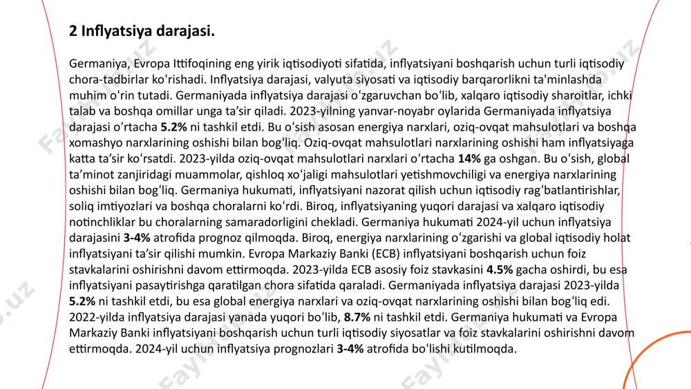 iya fond bozori iqtisodiy o‘sish, investitsiya oqimlari va kompaniyalar faoliyatiga katta ta’sir ko‘rsatadi. 2023-yilga kelib, frankfurt fond birjasi germaniyaning asosiy fond bozori bo'lib, uning umumiy bozor kapitalizatsiyasi 2.5 trillion evroga yaqin edi. bu o‘zgarishlar germaniyaning iqtisodiy rivojlanishi va kompaniyalar daromadlarining oshishi bilan bog‘liq. dax 30 indeksi, germaniyaning eng yirik va eng faol savdo qilinadigan 30 ta kompaniyasining aksiyalarini o‘z ichiga oladi. 2023-yilda dax 30 indeksi o‘rtacha +8% ga o‘sdi. bu o‘sish asosan sanoat va texnologiya kompaniyalarining yuqori daromadlari va bozor ehtiyojlarining o‘sishi bilan bog'liq edi. 2023-yil oxiriga kelib, germaniya fond bozorida savdolar hajmi 3 trillion evroni tashkil etdi. bu o‘sish, fond bozoriga kirib kelgan yangi investorlarga va shuningdek, iqtisodiy barqarorlikning oshishiga asoslangan. germaniya aksiyalar bozorida eng ko‘p savdo qilingan kompaniyalar orasida volkswagen, siemens, basf, bmw va deutsche bank kabi yirik korporatsiyalar mavjud. bu kompaniyalar yuqori daromadlar va barqaror iqtisodiy o‘sish bilan investorlar e’tiborini tortmoqda. 4 fond bozori. ... t.me/slaydai_bot yalpi …
