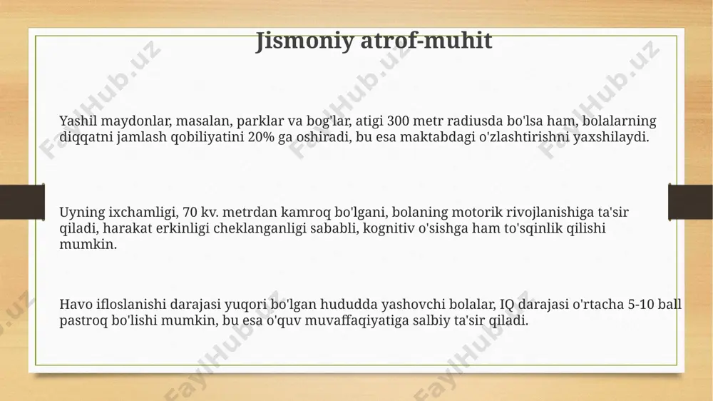 asayishiga olib keladi. mental salomatlikka ta'siri uy-joydagi qo'rg'oshin kabi toksinlarga ta'sir qilish bolalarda iq darajasining 5-10 ballga pasayishiga olib kelishi mumkin, bu esa e'tibor va xotira kabi kognitiv funktsiyalarga ta'sir qiladi. maktabdagi zo'ravonlik yoki bulling bolalarda depressiya, tashvish va posttravmatik stress kasalligining 20-30% gacha o'sishiga sabab bo'lishi mumkin va bu holatlar ularning ijtimoiy rivojlanishiga ta'sir qilishi mumkin. atrof-muhitdagi stress, masalan, qashshoqlik, erta bolalikda kortizol gormonining yuqori darajasiga olib kelishi mumkin, bu esa 10-15% hollarda tashvish kasalliklarining rivojlanishiga olib kelishi ehtimoli bor. xulosa tadqiqotlar natijalari shuni tasdiqlaydiki, ota-onalarning iqtisodiy holati, ta'lim darajasi va jismoniy muhit bolaning iq darajasiga 30-40% gacha ta'sir qilishi mumkin. xulosa shuni ta'kidlaydiki, bolaning atrof-muhiti uning kognitiv, ijtimoiy va hissiy rivojlanishini shakllantirishda hal qiluvchi ahamiyatga ega bo'lib, 70%gacha ta'sir ko'rsatadi. xulosa shuni ko'rsatadiki, bolaning rivojlanishiga atrof-muhitning ta'siri 0 dan 18 yoshgacha bo'lgan davrda, ayniqsa, dastlabki 5 yilda juda muhimdir. tengdoshlarning ta'siri tengdoshlarning ta'siri erta bolalikda 3 yoshdan keyin …