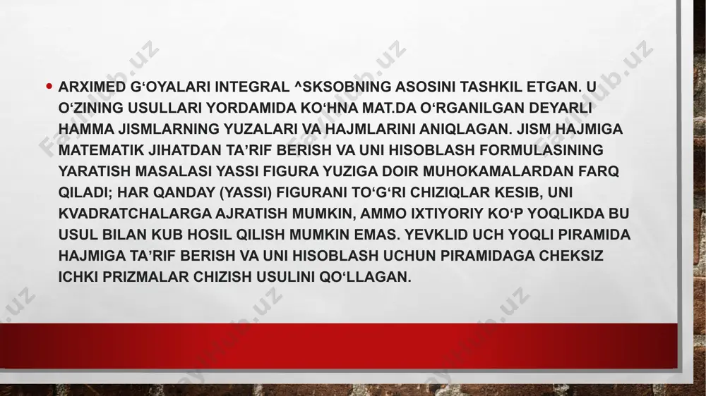 ng uzunligi. ko'rib turganingizdek, to'g'ridan-to'g'ri prizma hajmini topish formulasi prizma hajmini hisoblash uchun umumiy formula bilan bir xil. haqiqat shundaki, to'g'ri prizmada yon qovurg'alar poydevorga perpendikulyar bo'lib, ularning har biri prizma balandligi ekanligini anglatadi. shuning uchun, biz bu formuladan foydalanamiz. uchburchak prizma hajmini qanday topish mumkin? bu erda siz shuningdek umumiy formuladan foydalanishingiz kerak (yuqoriga qarang). ya'ni, uchburchak prizma hajmi balandlik bo'yicha tayanch maydonining mahsulotiga teng. ushbu prizma hajmini topish uchun siz tayanch bo'lgan uchburchakning maydonini hisoblashingiz kerak bo'ladi. agar prizma moyil bo'lsa, unda balandlikni chizish va uning uzunligini hisoblash kerak bo'ladi. agar prizma to'g'ri bo'lsa, u holda prizmaning yon qirrasi balandlik bo'ladi. bunday holda, taglik maydonini yon qovurg'a uzunligiga ko'paytirish kerak bo'ladi va siz prizma hajmini olasiz. uzunlik, hajm haqidagi tasavvurlarni shakllantirayotganda biz asosan ko’rish hissiga tayanamiz. massa tushunchasini shakllantirishda «barik» xisga (grekcha «baros» — og’irlik) tayaniladi. istalgan jism yerga tortilishi natijasida tayanchga bosim beradi yoki osilgan ipni tarangdaydi. …