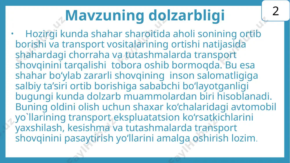 rdamida aniqlash. 3 tadqiqot ishining vazifalari: shaxar ko‘chalarida transport shovqini tarqalishi bo‘yicha bajarilgan ilmiy tadqiqot ishlarini taxlili shaxar ko‘chalarida transport shovqinini o‘lchash usullarini o‘rganish xarakat miqdori tarkibini transport shovqiniga ta’sirini aniqlash ko‘chaning ekspluatatsion xolatini transport shovqiniga ta’siri. kesishma va tutashmalarda transport shovqinini pasaytirish yo‘llari tavsiya etilgan tadbirlarni iqtisodiy asoslash. 4 1.1 shaxar ko‘chalarida transport shovqini tarqalishi bo‘yicha bajarilgan ilmiy tadqiqot ishlarini taxlili. respublikamizda shaxar ko‘chalarida transport shovqini tarqalishi atrof muxitni ifloslanishi bo‘yicha o‘zbek olimlari o‘z ilmiy tadqiqotlarida muammoni keng yoritib berishgan. qurilish instituti xotamov asadulla toshtemirovich, fitrat abdixalil og`li abdixalilovlarning “shovqin darajasining transport vositalarining tezligiga bog`liqligini modellashtirish” , xoliqov a, azizov q. x “toshkent shahar magistral ko`chalarida transport shovqinini prognoz qilish” va “shahar magistral ko‘chalarining transport ekspluatatsion holatini transport shovqiniga ta’sirini baholash va prognozlash” ilmiy ishlarida transportdan chiqadigan shovqin shahar ekologiyasiga va inson salomatligiga qanday salbiy ta’sir ko‘rsatishini, yo‘llarning ekspluatasion ko‘rsatkichlari va transport oqimining zichligi transportdan chiqadigan shovqin qay darajada …