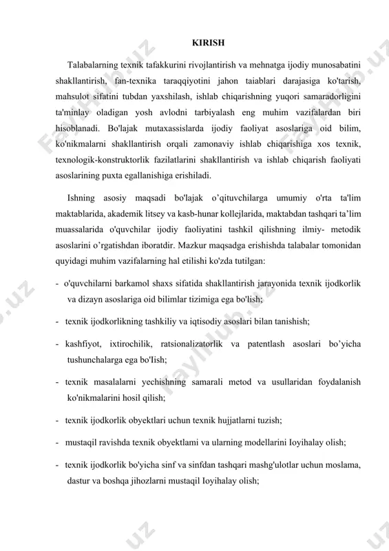 taqil ioyihalay olish; - respublikada o'quvchilar texnik ijodkorligi faoliyati hozirgi holati va uni takomillashtirish istiqboli to'g’risida tushunchalarga ega bo'iish; - o'quvchilarni ijodiy faoliyatga jalb qilishning asosiy metodlarini bilish; - texnik ijodkorlik to'garaklari faoliyatining mazmuni, tashkiliy asoslari, texnik obyektlarni ilmiy asosda tanlay olish; - to'garaklarning o’quv moddiy-texnik bazasini tashkil qila olish; - sinfdan va maktabdan tashqari o'quv mashg'ulotdarida texnik ijodkorlikni shakllantirishning metodik asoslarini bilish; - ijodiy faoliyatga yo’naltirilgan tadbirlami tashkil qilish va o'tkazishning ilmiy asoslarini bilish kerak. oliy pedagogik ta’lim muassasalarida bo'lajak mehnat va kasb ta’limi o’qituvchisi texnik ijodkorligini shakllantirish masalasi ko’p qirrali bo’lib, u talabalarni ijodkorlik faoliyatiga tayyorlashning samarali yo'llarini aniqlash va uning o’ziga xos mazmunini tanlash bilan bir qatorda bo’lajak mutaxassislarning o'quv jarayonida texnik ijodkorligi, ijtimoiy va kasbiy tayyorgarligini umumlashtirishning aniq usul va vositalarini ishlab chiqishdek rnuhim pedagogik vazifalarni ham amalga oshiradi. respublikamizning bozor iqtisodiyotiga bosqichma-bosqich o’tishi va dunyo hamjamiyatiga har tomonlama kirib borishi natijasida mamlakatimizda kasb ta'limini axborotlashtirish …