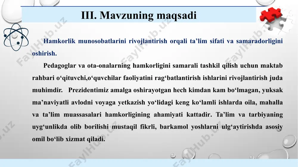 arga ma’naviy va ruhiy yordam berish orqali sog‘lom fikrlashga yo’naltirish. 4 farzandining ta‘lim-tarbiyasiga e’tiborsiz ota-onalarga intizomiy choralar ko‘rish. ota-onalarga og‘zaki va yozma ogohlantirishlar berish. 2. qonuniy choralar ko‘rish. direktor,mmibdo‘ inspektor-psixolog, mahalla raisi, maktab jamoasi. zarur hollarda ota-onalarni to‘g‘ri yo‘lga boshlaydi.bola tarbiyasida muhim. e’tiboringiz uchun rahmat ! image4.jpeg image5.png image3.png image6.png image7.png image8.png image12.png image13.png image1.png /docprops/thumbnail.jpeg