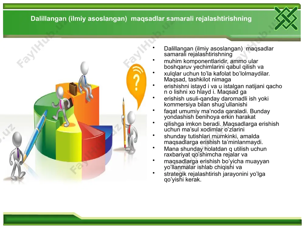 i baholashdan kelib chiqib, uni qisqa, o’rta va uzoq davrlarga rivojlanishini ifodalaydi. strategik reja – bu kelajakni tadqiq etish, ssenariy tahlili. strategik rejalashtirish bu chuqur atroflicha ishlab chiqilgan majmuaviy reja bo’lib, tashkilotning bosh vazifasini ro’yobga chiqarish va uning maqsadlarini amalga oshirishdir. strategik reja muayyan individning emas, balki butun korxona (korporatsiya, tashkilot, konsern) istiqboli nuqtai nazaridan ishlab chiqilishi kerak. shaxsiy yoki xususiy korxona (firma, xo’jalik) o’zining shaxsiy rejasini tashkilotning ustuvor rejasi bilan moslashtirishi mumkin. ko’pchilik firmalar keng ko’lamda aksiyalarga ega bo’lsa, strategik reja bilan moslashmasligi ham mumkin. strategik reja strategik reja – bu raqobat kurashida afzallik beruvchi g’oya. strategik reja – bu boshqarish faoliyatida qo’llaniladigan uslublar tizimi. strategik reja – bu tashkilot faoliyati uchun mo’ljallar yig’indisi. strategik reja – bu maqsadga erishish va tashkil etishni amalga oshirishga mo’ljallangan mujassam reja. image2.gif image3.emf image4.jpeg image5.jpeg image6.jpeg image7.jpeg image8.jpeg image9.jpeg image10.jpeg image11.jpeg image12.jpeg image1.emf