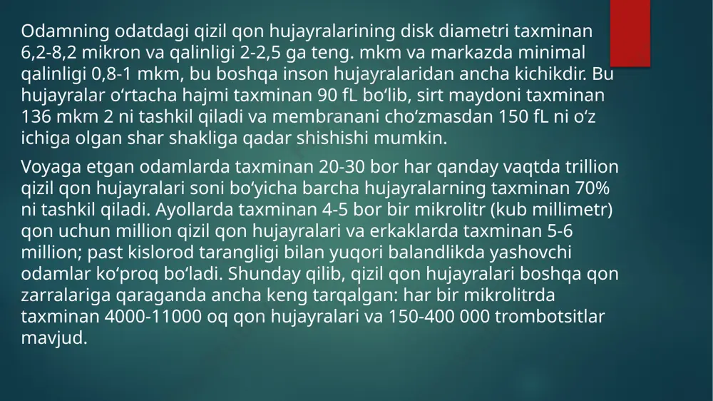 rli organizmda gemoglobinning tuzilishi turlicha. sogʻlom odamning 100 g qonida 13—16% gemoglobin bor. ayollar qonidagi gemoglobin miqdori erkaklardagidan kam boʻladi. gemoglobin miqdori maxsus asbob — gemometr bilan aniqlanadi. gemoglobin miqdorini aniqlash muhim diagnostik ahamiyatga ega. qon kasalliklarining aksariyati (anemiya) gemoglobin tarkibining buzilishi bilan bogʻliq qonning qizil rangi gemoglobindagi gem moddasining tarkibidagi temir ionlarining spektral xususiyatlariga bogʻliq. har bir gemoglobin molekulasida toʻrtta gem molekulasi tutadi; gemoglobin umumiy hujayra hajmining uchdan bir qismini tashkil qiladi. gemoglobin tanadagi kislorodning 98% dan ortigʻini tashish uchun javobgardir (qolgan kislorod qon plazmasida erigan holda tashiladi). oʻrtacha kattalar erkak erkakning qizil qon hujayralari umumiy temirni taxminan 2,5 gramm saqlaydi, bu tanadagi umumiy temirning taxminan 65% ni tashkil qiladi. sogʻlom organizmda gemoglobin 3 xil fiziologik birikma shaklida boʻladi. 1. oʻziga o2 ni biriktirib oksigemoglobin hbo2 hosil qiladi va arterial qonda boʻladi. 2. o2 ni qayta ajratgan deoksigemoglobin 3. shuningdek vena qonida co2 bilan birikkan korbogemoglobin. organizmda hb ning …