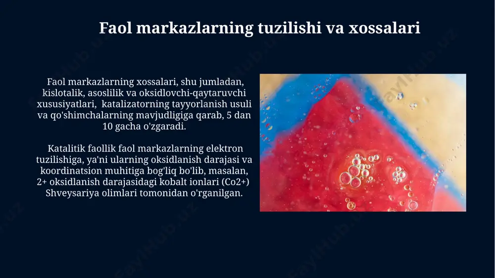 alan, kobalt) qo'shilishi bilan o'zgaradi va bu faollikni 30% gacha oshirishi mumkin, bu esa rossiya federatsiyasi ilmiy maqolalarida tasvirlangan. temir sulfidlarida (fes₂), katalitik faollikning yuqori darajasi, 500°c dan yuqori haroratlarda, kristall panjarasidagi strukturaviy nuqsonlar va yuzadagi faol markazlarning konsentratsiyasi bilan bog'liq bo'lib, bu aqshning turli universitetlari tadqiqotlarida ko'rsatilgan. geterogen katalizning qo'llanilishi o'zbekistonning neft-kimyo korxonalarida, masalan, farg'ona neftni qayta ishlash zavodida, geterogen katalizatorlar 100000 tonnadan ortiq benzinda va 50000 tonnadan ortiq dizel yoqilg'isida okta sonini va sifatini oshirish uchun ishlatiladi. geterogen kataliz yordamida 200 dan ortiq kimyoviy jarayonlar, jumladan, avtomobil katalizatorlarida (masalan, 3 yo'lli katalizatorlar) 1500°s gacha bo'lgan haroratlarda avtomobil chiqindilarini tozalashda qo'llaniladi. e'tiboringiz uchun rahmat @taqdimot_robot image5.jpg image6.jpg image7.jpg image8.jpg image9.jpg image10.jpg image11.jpg image12.jpg image13.jpg image14.jpg image15.jpg image16.jpg image17.jpg image18.jpg image19.jpg image20.jpg image21.jpg image1.jpg