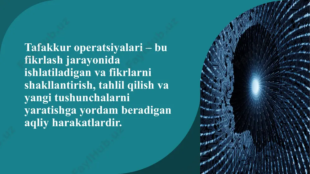 echimlarni topish: muammoni echish uchun turli variantlarni ko'rib chiqish va eng samarali echimni tanlash. yechimlarni baholash: yechimlarning mumkin bo'lgan natijalarini hisobga olish. 13 13 mulohaza: fikrlash jarayonini tahlil qilish: o'z fikrlash jarayonini tushunish va takomillashtirish. xulosa tafakkur operatsiyalari fikrlash jarayonining asosiy elementlarini tashkil qiladi. ularning maqsadi ma'lumotlarni qabul qilish, tahlil qilish, umumlashtirish, yangi bilimlarni yaratish va muammolarni hal etishdir. tahlil, sinte, abstraktlash, umumlashtirish, konkretizatsiya, ta'riflash va muammo hal qilish kabi operatsiyalar bir-biriga bog'liq va fikrlash jarayonining murakkabligiga qarab turli kombinatsiyalarda qo'llaniladi. tafakkur operatsiyalari o'zaro ta'sirlashuv orqali yangi bilimlarni hosil qilish, o'rganish va muammolarning yechimini topishga yordam beradi. shu bilan birga, tafakkur operatsiyalari hech qachon mustaqil ravishda ishlamaydi, ular o'zaro ta'sirlashuv va birlashuvlar orqali mukammal aqliy faoliyatni amalga oshiradi. aqlning faoliyati, ko'nikmalarining rivojlanishi va o'zaro ta'siri insonning bilimlarini, qobiliyatlarini va dunyoqarashini shakllantiradi. 14 14 e’tiboringiz uchun rahmat 15 image1.jpg image2.jpeg image3.jpg paradigm of intelligence /docprops/thumbnail.jpeg