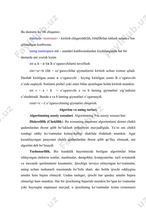 anfiy son bor. 9. a soni berilgan, bu son tub sonligini aniqlovchi algaritm tuzing. 10. markazi (x,y) nuqtada bo’lgan aylana berilgan, aylana markazi koordinatalar o’qining qaysi choragida joylashgan 11. 12. 13. 14. 15. 3-takrorlanuvchi algaritmlar 1. 2. 3. 4. 5. 6. 7. 8. 9. 10. 11. 12. 13. 14. 15. , image3.wmf oleobject3.bin image4.wmf oleobject4.bin image5.wmf oleobject5.bin image6.wmf oleobject6.bin image7.wmf oleobject7.bin image8.wmf oleobject8.bin image9.wmf oleobject9.bin image10.wmf oleobject10.bin image11.wmf oleobject11.bin image12.wmf oleobject12.bin image13.wmf oleobject13.bin oleobject14.bin image14.wmf oleobject15.bin image15.wmf oleobject16.bin image16.wmf oleobject17.bin image17.wmf oleobject18.bin image18.wmf oleobject19.bin image19.wmf oleobject20.bin image20.wmf oleobject21.bin image1.wmf oleobject1.bin image2.wmf oleobject2.bin ï ï î ï ï í ì ¹ + + > - + + = 0 , 2 sin 2 , 2 2 2 2 2 2 3 2 3 q агар q a ax ab с a агар c a c ax x z ï ï î ï ï í ì ¹ + + + > + …