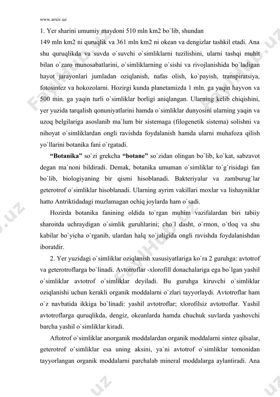 yashil avtotroflarga quruqlikda, dengiz, okeanlarda hamda chuchuk suvlarda yashovchi barcha yashil o`simliklar kiradi. aftotrof o`simliklar anorganik moddalardan organik moddalarni sintez qilsalar, geterotrof o`simliklar esa uning aksini, ya`ni avtotrof o`simliklar tomonidan tayyorlangan organik moddalarni parchalab mineral moddalarga aylantiradi. ana shu ikki guruh o`simliklar ishtirokida tabiatda biologik modda almashinish jarayoni bo`lib turadi. 3. botanika fani va uning asosiy bo`limlari. botanika fani bir biri bilan uzviy bog`liq bo`lgan quyidagi bo`limlarni o`z ichiga oladi. 4. o`simliklarning sezuvchanligi. ayrim o`simliklarda sezish xususiyatlari juda ham yuqori bo`ladi. masalan: mimoza o`simligida, xashoratxo`r o`simliklardan muxolovkada (dionaea), rosyanka (drosera), nepentesda (wepenthes), puzirchatkada (utriculata). mimoza o`simligining yashnab to`rgan bargiga tegishingiz bilan barglari shalpayadi va butun o`simlik so`ligan ko`rinishga ega bo`ladi. biroz vaqt o`tgach barglar yana o`z holiga qaytadi. mdhning yevropa qismidagi botqoqliklarda o`sadigan rosyanka o`simligi kichik bo`lib, balandligi 10 -15 santimetrga yetadi. uning ildiz bo`g`izidagi barglar to`dasida mayda suyuqlik chiqaruvchi tuklar joylashgan. xashoratlar bargga qo`nishi bilan ularni o`rab oladi. tuklar …