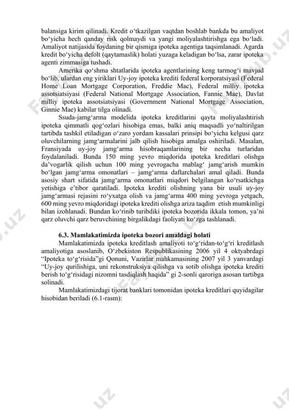 igatsiyalar bozori germaniya bozoridir. koʻchmas mulk bilan bogʻliq operatsiyalarni moliyalashtirish uchun nemis ipoteka banklari chiqaradigan obligatsiyalar keng jamoatchilik oʻrtasida savdoga chiqariladi. ikki bosqichli model (amerika modeli) ipoteka bozorining berilgan ipoteka kreditlarini qayta moliyalashtirish koʻchmas mulk bilan taʼminlangan ikkilamchi qimmatli qogʻozlar bozori hisobiga amalga oshirilishi bilan tavsiflanadi. bu modelning asosida risklarni taqsimlash gʻoyasi yotadi. ipoteka krediti beruvchi bank uni sekʼyuritizatsiya oʻtkazish uchun tashkil etilgan maxsus tashkilotlar, yaʼni ipoteka agentlariga sotadi. ipoteka agentlari oʻz navbatida ipoteka qimmatli qogʻozlari chiqaradilar va ularni bozorda sotadilar hamda bankni qayta moliyalashtiradi. natijada ipoteka krediti bank balansidan chiqarilib, ipoteka 30гусева и.а. финансовые рынки и институты. – м.: юрайт, 2018. – с. 109-111. balansiga kirim qilinadi. kredit oʻtkazilgan vaqtdan boshlab bankda bu amaliyot boʻyicha hech qanday risk qolmaydi va yangi moliyalashtirishga ega boʻladi. amaliyot natijasida foydaning bir qismiga ipoteka agentiga taqsimlanadi. agarda kredit boʻyicha defolt (qaytamaslik) holati yuzaga keladigan boʻlsa, zarar ipoteka agenti zimmasiga tushadi. amerika qoʻshma shtatlarida …