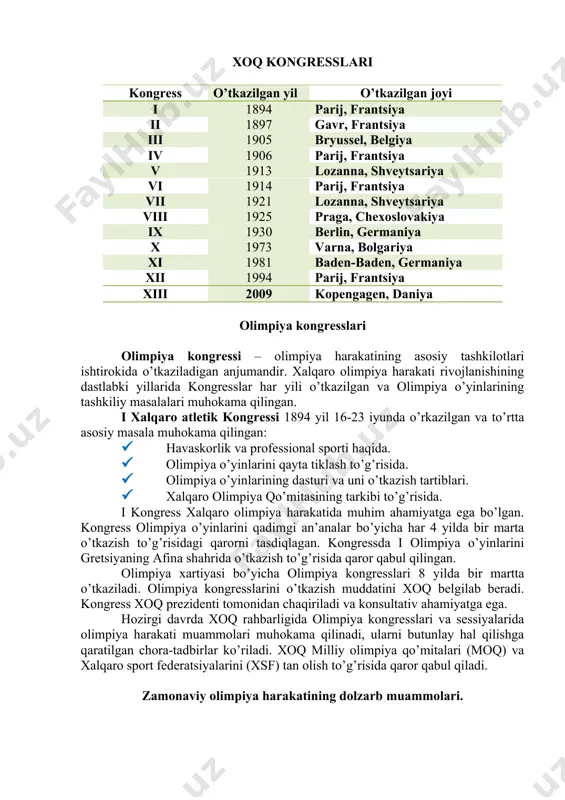 o’tkaziladi. ijroiya qo’mita sessiyalar o’rtasidagi davrda xoq ishlarini boshqarib boradi. uning tarkibiga xoq prezidenti, 4 ta vitse- prezident va 10 ta qo’mita a’zolari kiradi va ularning vakolat muddati 4 yil davom etadi. prezident xoq a’zolari tarkibidan saylanadi. olimpiya xartiyasi bo’yicha xoq prezidenti yashirin ovoz berish asosida 8 yilga va yana bir marta 4 yilga vakolat mudatini uzaytirish imkoniyati bilan saylanadi. prezident maxsus hay’atlar va ishchi guruhlar tuzib, unung yordamida xoq faoliyatining umumiy strategiyasini ishlab chiqadi. olimpiya xartiyasida xoqning rasmiy tili – frantsuz va ingliz tillari, deb belgilangan. xoq shtab-kvartirasi shveytsariyaning lozanna shahrida joylashgan. xoq prezidentlari № xoq prezidenti rahbarlik yillari davlat vakili 1 demetrius vikelas 1894-1896 gretsiya 2 pyer de kuberten 1896-1916, 1919-1925 frantsiya 3 godfri de blone 1916-1919 shveytsariya 4 anri de baye-latur 1925-1942 belgiya 5 yuxanes zigfrid edstryom 1942-1952 shvetsiya 6 eyveri brendej 1952-1972 aqsh 7 maykl morris killanin 1972-1980 irlandiya 8 xuan antonio samaranch 1980 -2001 ispaniya …