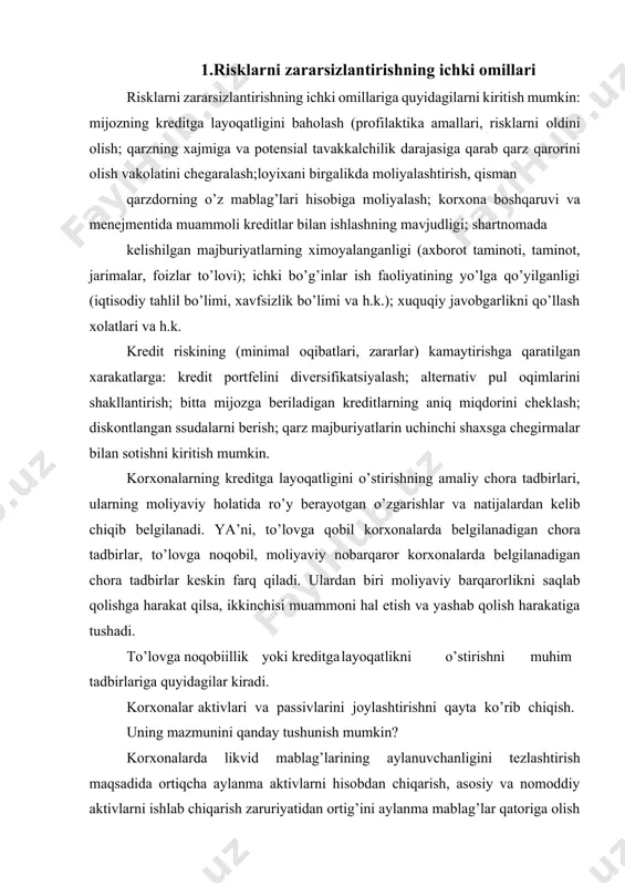 adi. to’lovga noqobiillik yoki kreditga layoqatlikni o’stirishni muhim tadbirlariga quyidagilar kiradi. korxonalar aktivlari va passivlarini joylashtirishni qayta ko’rib chiqish. uning mazmunini qanday tushunish mumkin? korxonalarda likvid mablag’larining aylanuvchanligini tezlashtirish maqsadida ortiqcha aylanma aktivlarni hisobdan chiqarish, asosiy va nomoddiy aktivlarni ishlab chiqarish zaruriyatidan ortig’ini aylanma mablag’lar qatoriga olish (ularni sotish, bo’zish, hisobdan chiqarish va boshqa yo’llar bilan), debitorlik va kreditorlik majburiyatlarini so’ndirish (yo’l qo’yilgan tartiblarda), qisqa va uzoq muddatli moliyaviy qo’yilmalarni maqsadli joylashtirish. to’lov mablag’lari va to’lov majburiyatlari orasidagi nisbatdagi manfiy o’zgaruvchanlik sababini moliyaviy holatdagi tanglikdan emas, balki, ishlab chiqarish va boshqaruvning quyi bo’g’inlaridan izlash lozim. ya’ni, mahsulot ishlab chiqarish va uni sotishni yaxshi yo’lga qo’yilmasligi, ishlab chiqarish harajatlarini oshib ketishi, narx belgilash siyosatining to’g’ri yuritilmasligi va boshqalar. to’lovga noqobillik sharoitida mablag’lar etishmovchiligini hal etish yuzasidan avvalo, ichki imkoniyatlarni aniqlab olish va ularni ishga solish lozim. noqobillik sharoitida boshqa bir sub’ektdan qarz so’rash va uning ishonchini oqlashni iqtisodiy imkoniyati bo’lmaydi. korxonalar …