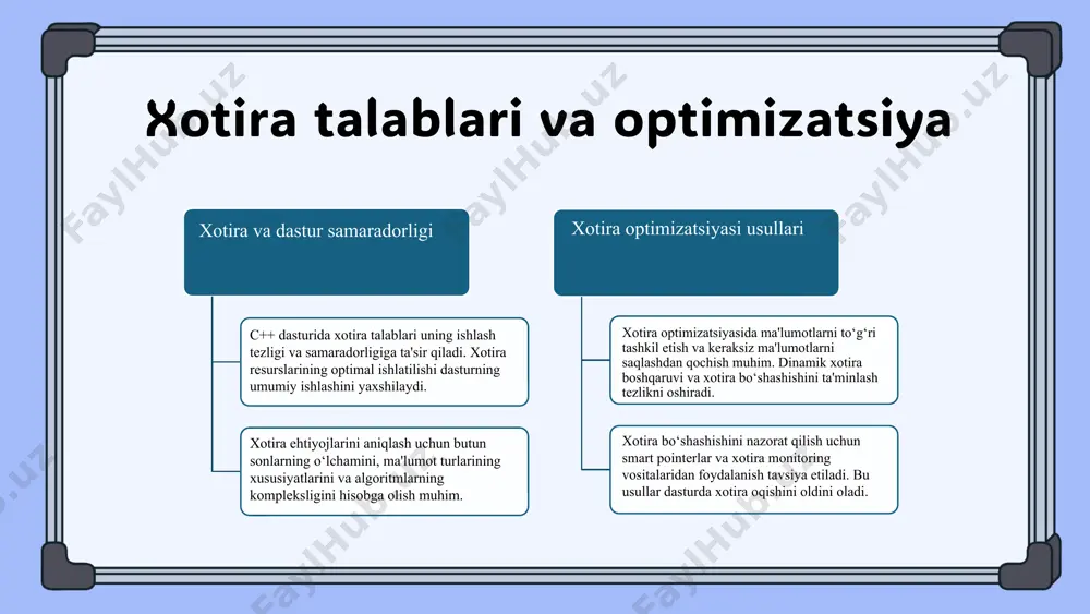 ko‘p platformali qilish uchun zarur. bu, ayniqsa, algoritmlar va ma’lumotlarni serializatsiya qilishda muhimdir. xotira va butun sonlar butun sonlar uchun xotira talablarini tushunish muhim. masalan, int 4 bayt, long long esa 8 bayt. sizning arxitekturangiz va kompilyatoringizga qarab, o‘lchamlar farq qiladi, shuning uchun sizeof operatoridan foydalaning. to‘g‘ri data type tanlash va xotira bilan samarali ishlash uchun tavsiyalar. xatolar: o‘lchamni noto‘g‘ri hisoblash va overflow ehtimoli. praktik misollar c++ dasturida butun sonlar bilan ishlashda sizeof operatoridan foydalanish muhim. masalan, int turidagi o'zgaruvchi uchun sizeof operatori quyidagicha ishlatiladi: sizeof(int). bu operator platformaga qarab o'zgaradi: x86 arxitekturasi uchun 4 bayt, arm uchun 4 bayt. quyidagi kod misolida, integer ning o'lchamini aniqlash va natijani tahlil qilish ko'rsatilgan: #include int main() { std::cout << "int o'lchami: " << sizeof(int) << " bayt" << std::endl; return 0; } bu kod yordamida, siz kompyuteringiz arxitekturasiga mos o'lchamni bilib olishingiz mumkin, bu esa samarali xotira boshqaruvi uchun muhim. photo …