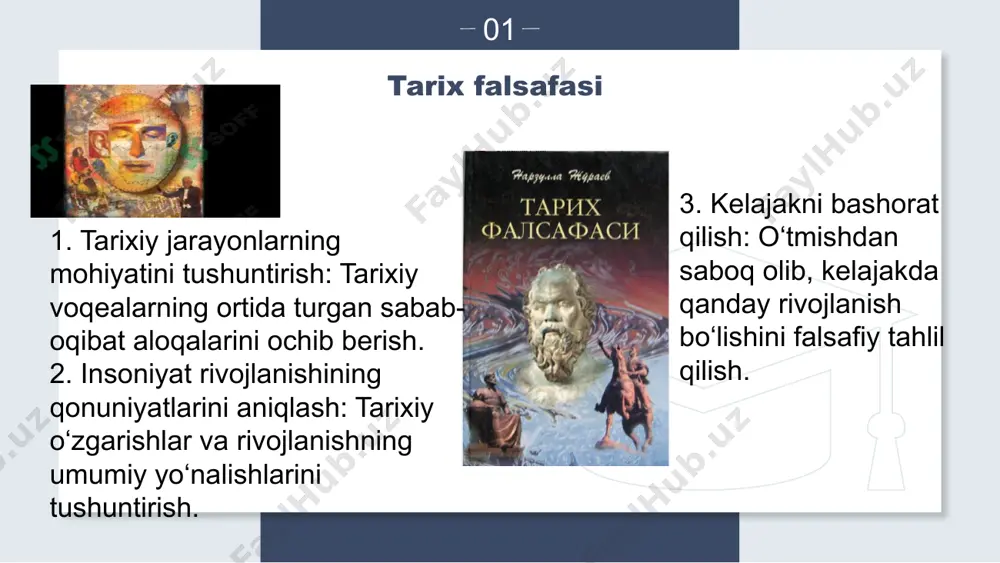 empirik yondashuv o‘rtasidagi ziddiyat. inson tafakkurining cheksiz imkoniyatlariga e’tibor. mashhur faylasuflar: dekart (ratsionalizm), lokk (empirizm), spinoza, lyubnits, kant (yangi davr falsafasi asoschisi). 6. hozirgi zamon falsafasi davra: xix asrdan hozirgi kungacha. asosiy xususiyatlari: ijtimoiy, iqtisodiy va texnologik o‘zgarishlar ta’siri. faylasuflarning ijtimoiy muammolar, inson erkinligi va ekzistensial masalalarga e’tibori. falsafada ko‘plab yo‘nalishlarning shakllanishi. asosiy oqimlar: marksizm: karl marks va fridrix engels. egzistensializm: syoren kyerkegor, jan-pol sartre, haydegger. postmodernizm: mišel fuko, jil delez. asosiy masalalar: texnologik taraqqiyot, erkinlik, zamonaviy madaniyat. tarixiy voqealar va sharoitlarning falsafiy tushuntirilishi tarixiy voqealar va sharoitlar insoniyat hayotining murakkab jarayonlarini aks ettiradi. falsafa ularni faqatgina faktlar yig‘indisi sifatida emas, balki chuqur ma'noni, sabab-oqibat aloqalarini va jamiyat taraqqiyotining qonuniyatlarini tushuntirishga intiladi. bu jarayon tarix falsafasining asosiy vazifalaridan biridir. tarixiy voqealarni tushuntirishdagi asosiy falsafiy yondashuvlar 1. deterministik yondashuv har bir tarixiy voqea o‘zidan oldingi voqelikning mantiqiy natijasidir. asoschilar: karl marks (tarixiy materializm), gegel (dialektik tarix). qonuniyatlar: tarixiy voqealar tabiat va …