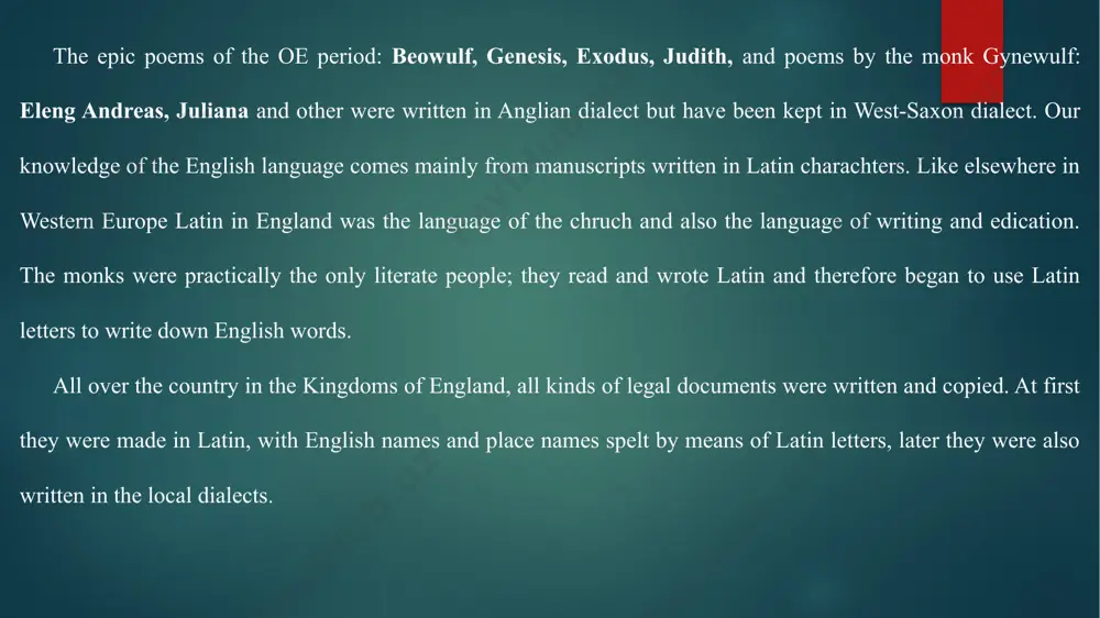 aising the front of the tongue. when the speaker begins to articulate the u, he at the same time anticipates the articulation needed for i, and raises the front of the tongue instead of its back. the lip - rounding, meanwhile, is preserved. the result is the vowel y. examples: in the 9th century vowels were lengthened before the clusters nd, ed, mb, bindan > bindan ‘bind’ bunden > bunden ‘bound; cild > cild ‘child,’ climban > climban ‘climb’. it, however, the cluster was followed by another consonant, lengthening did not take place, as in cildru ‘children’. vowels were lengthened when consonants m, n, before f, s, þ, h, 3 before d, n, drapped off. * fimf > fif ‘five’ * ims > us ‘us’ * ponhte > pohte ‘thought’ * sæ3de > sæ3de ‘said’. old english consonant system kept up labials as p, b, m, f, v: forelinguals (dental): …