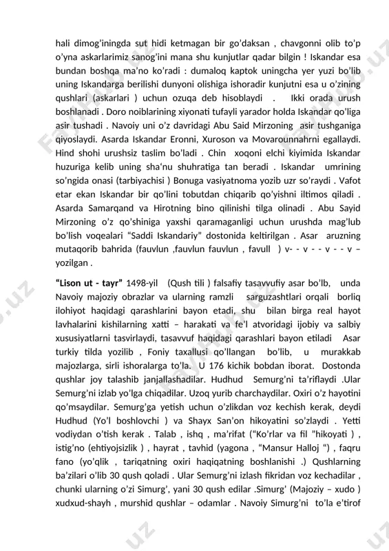 . iskandar uni to’xtatdi va elchiga “tuxum beradigan qush allaqachon ucnib ketgan ”deydi . doro g’azabga kelib bir chavgon va to’p, bir xalta kunjit bilan boshqa bir elchini yuboradi buning ma’nosi , sen hali dimog’iningda sut hidi ketmagan bir go’daksan , chavgonni olib to’p o’yna askarlarimiz sanog’ini mana shu kunjutlar qadar bilgin ! iskandar esa bundan boshqa ma’no ko’radi : dumaloq kaptok uningcha yer yuzi bo’lib uning iskandarga berilishi dunyoni olishiga ishoradir kunjutni esa u o’zining qushlari (askarlari ) uchun ozuqa deb hisoblaydi . ikki orada urush boshlanadi . doro noiblarining xiyonati tufayli yarador holda iskandar qo’liga asir tushadi . navoiy uni o’z davridagi abu said mirzoning asir tushganiga qiyoslaydi. asarda iskandar eronni, xuroson va movarounnahrni egallaydi. hind shohi urushsiz taslim bo’ladi . chin xoqoni elchi kiyimida iskandar huzuriga kelib uning sha‘nu shuhratiga tan beradi . iskandar umrining so’ngida onasi (tarbiyachisi ) bonuga vasiyatnoma yozib uzr so’raydi . vafot etar …