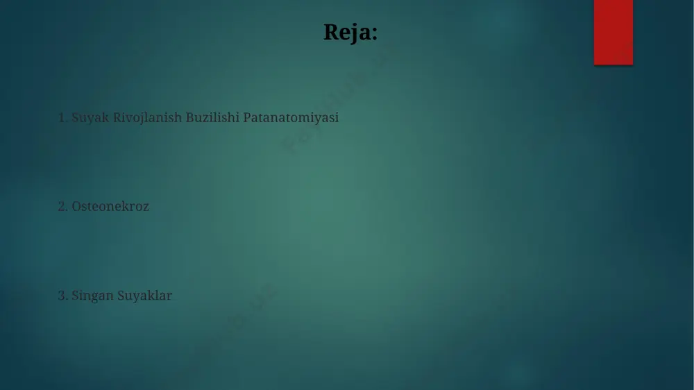 likka ega (taxminan 95%), ertamda, hatto rentgenogrammalarda o'zgarishlar bo'lmaganida ham, suyak ichidagi shish va yog'li infiltratsiyani aniqlay oladi. suyak sinishi va osteonekrozni differentsial diagnostikasi uchun, ayniqsa, og'riqning lokalizatsiyasi va bemorning klinik tarixi, shu jumladan, jarohat mexanizmi muhim hisoblanadi, bu esa taxminan 30% hollarda diagnostik qiyinchiliklarni keltirib chiqarishi mumkin. suyak rivojlanishining orttirilgan buzilishlari orttirilgan suyak infektsiyalari, masalan, osteomiyelit, suyak tuzilishini jiddiy buzadi va to'qimalarning nekroziga, jarrohlik aralashuvlarga bo'lgan ehtiyojni 15-20% gacha oshiradi. giperparatireoz kabi orttirilgan metabolik kasalliklar suyak rezorbsiyasini kuchaytirib, suyak massasining yo'qolishiga va patologik sinishlarga olib kelishi mumkin, bu esa bemorlarning 30%ida kuzatiladi. osteonekroz sabablari alkogolizm, qon kasalliklari (masalan, o'roqsimon hujayrali anemiya) va dekompressiya kasalligi singari holatlar suyakka qon oqimining pasayishiga va osteonekrozga olib kelishi mumkin. steroidlarni uzoq muddatli qo'llash, ayniqsa, 30 mg dan ortiq dozalar, osteonekroz rivojlanish xavfini sezilarli darajada oshiradi, bu esa yallig'lanishga qarshi vositalar bilan davolashda muhim omil hisoblanadi. osteonekroz patogenezi osteonekroz patogenezi, asosan, 70% dan ortiq …