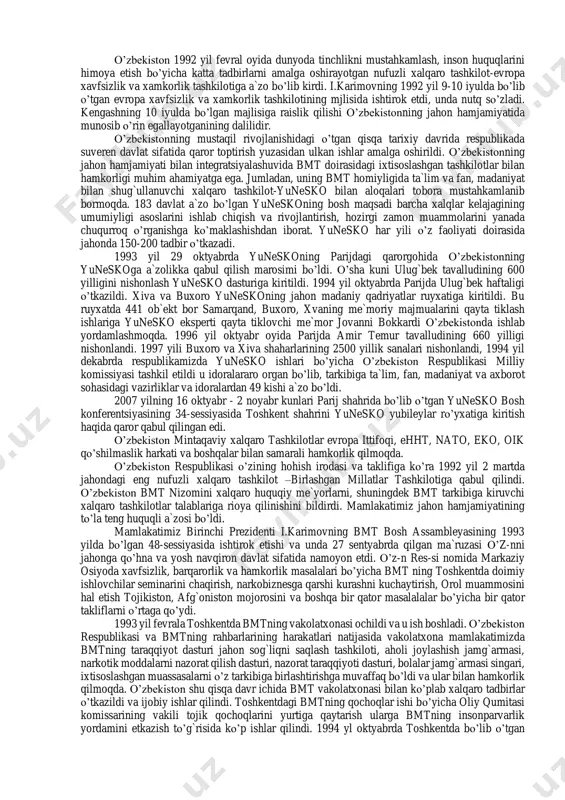 azaridan va o’z taraqqiyot istiqbollari jihatdan qulay jug`rofiy strategik mavqega ega qadim zamonlarda sharq bilan g`arbni bog`lab turgan buyuk ipak yo’li o’zbekiston hududi orqali o’tgan. bu erda savdo yo’llari tutashgan tashqi aloqalar hamda turli madaniyatlarning birini-biri boyitish jarayoni jadal kechgan. bugungi kunda ham evropa va yaqin sharqda osiyo okeani mintaqasiga olib boradigan yo’llar shu erda kesishadi. o’zbekiston respublikasi prezidenti shavkat mirziyoevning 2017 yil 7 fevraldagi «o’zbekiston respublikasini yanada rivojlantirish bo’yicha harakatlar strategiyasi to’g`risida»gi farmoni xalqimiz tomonidan mamnuniyat bilan kutib olindi. unda yaqin besh yillikda mamlakatimiz zabt etishi nazarda tutilgan ulkan dovonlar, xalqimiz hayot darajasini yuksaltirishning mexanizmlari aniq belgilab berilgan. harakatlar strategiyasining maqsadi olib borilayotgan islohotlar samaradorligini tubdan oshirishdan, davlat va jamiyatning har tomonlama va jadal rivojlanishini ta`minlash uchun shart- sharoitlar yaratishdan, mamlakatni modernizatsiyalash va hayotimizning barcha sohalarini erkinlashtirishdan iboratdir. mamlakatini rivojlantirishning beshta ustuvor yo’nalishi belgilangan. bular davlat va jamiyat qurilishini takomillashtirish, qonun ustuvorligini ta`minlash va sud-huquq tizimini yanada isloh qilish, …