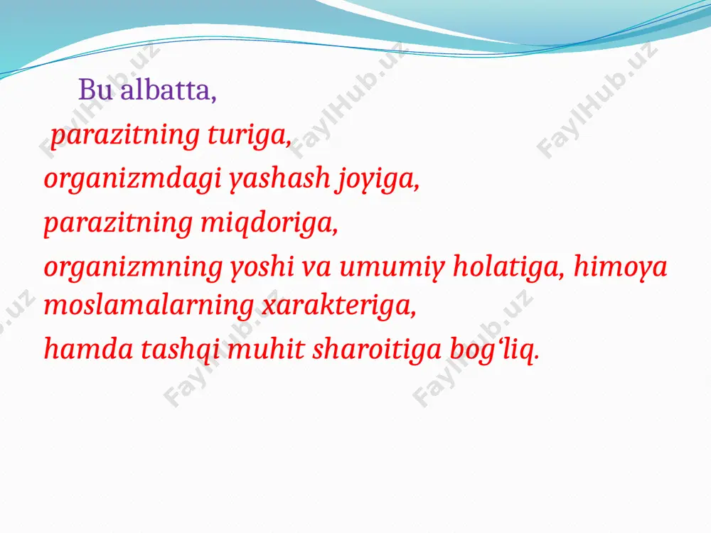 -kunduzda 500 mln., bir yilda 440 mln., 10-15 yillik hayoti davomida esa 10 mlrd dona tuxum qo‘yadi. devastatsiya ta’limoti. devastatsiya lotincha–devastatio–qirg‘in qilmoq, qirib tashlamoq ma’nosini anglatadi. odam, hayvon va o‘simliklarda uchraydigan infeksion va invazion kasalliklarning qo‘zg‘atuvchilarini rivojlanishini barcha bosqichlarida mexanik, fizik, kimyoviy va biologik usullar bilan yo‘qotishga qaratilgan tadbirlar majmuasidir. bu ta’limotdan ko‘zda tutilgan maqsad, barcha xo‘jalik, tuman, viloyat, o‘lka va respublikani gelmintlardan, patogen protozoolardan va parazit bo‘g‘moyoqlilardan rejali ravishda tozalash. bir vaqtning o‘zida tabiatda parazitlar rivojlana olmaydigan sharoit tug‘dirish, shuningdek, invazion kasalliklarning qo‘zg‘atuvchilarini butun rivojlanish jarayonida (tuxum va lichinkalarini) turli usullar bilan yo‘qotishdir. ushbu ta’limot birinchi marta akademik k.i. skryabin tomonidan 1944-yilda fanga kiritilgan bo‘lib, gelmintologiya sohasida qilingan katta ilmiy ishlardan biri hisoblanadi. bunda parazitlarga qarshi faol hujumga o‘tib, murakkab tadbirlarni qo’llash. kimyoviy usulda rejali gelmintsizlantirish, molxona, yer-suv, yaylov va go‘ngni dezinvaziya qilish, kasallik qo‘zg‘atuvchilariga biologik zarar ko‘rsatish bilan birgalikda chorva mollarini zoogigiyenik qoidalariga amal qilingan holda boqish, to‘yimli …