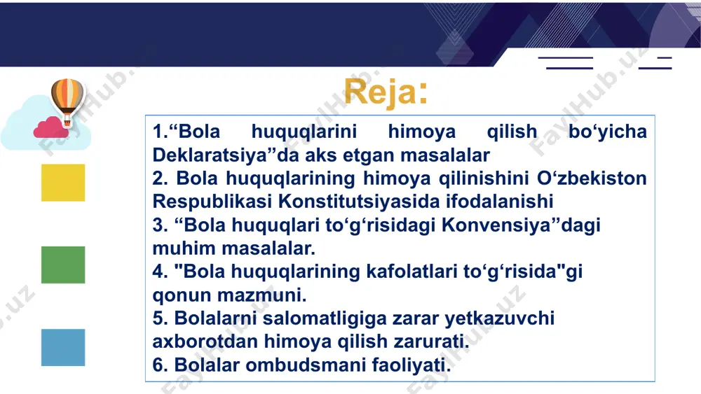 jazolanadi. ya’ni, sinf burchagiga turg‘izib qo‘yildi. o‘quvchi shaxsiyatiga tegadigan fikrlar aytildi. o‘quvchiga bu malol kelgach u sinfdan chiqazib yuborildi. maktab o‘quvchilaridan biri alohida e’tiborga ehtiyoji bor. inklyuziv ta’limning yetishmovchiligi. lekin uni yetarli darajada maktabda ta’lim olishi uchun alohida sharoitlar tashkillashtirilmagan. 2-keys: maktab rahbariyati tomonidan qanday xatoliklarga yo‘l qo‘ilgan? bu holatda qanday choralar ko‘rilishi shart? ota-onalardan biri yuqori sinf o‘quvchisi bo‘lgan farzandini doim darslardan olib chiqib ketadi va uni ishlashga majbur qiladi. 3 - k e y s aytingchi o‘quvchining qaysi xuquqlari poymol qilinyapti? bu holatda maktab rahbariyati tomonidan qanday choralar ko‘rilishi kerak? xulosa o‘zbekistonda bola huquqlarini himoya qilish davlat siyosatining ustuvor yo‘nalishlaridan biri bo‘lib davlat va jamiyatning sa’y-harakatlari bolalarning huquq va manfaatlarini ta’minlash, ularning har tomonlama rivojlanishi uchun zarur shart-sharoitlar yaratishga qaratilgan. bolalar bizning kelajagimiz, o‘z kelajagingizga befarq bo‘lmang ! e’tiboringiz uchun rahmat ! image1.png image2.svg image2.png image3.png image4.png image5.png image6.png image7.png image8.png image9.png image10.png image11.png image12.jpeg image13.jpeg image14.jpeg image15.jpeg …