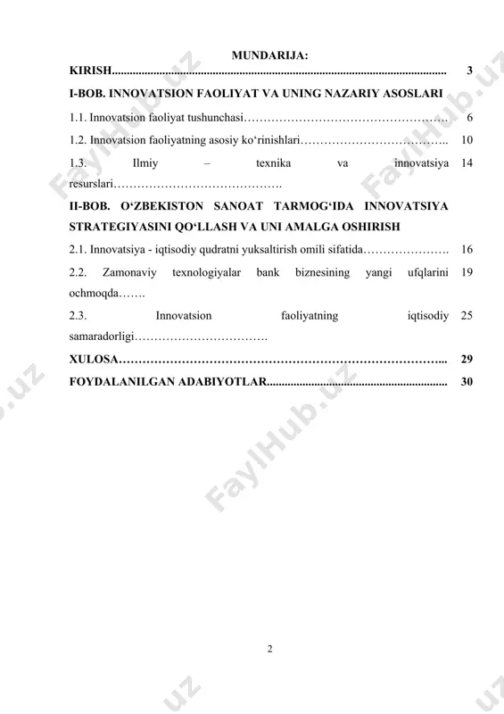bog‘liq bo‘lib, bu o‘z navbatida mamlakatning raqobatbardoshligini oshiradi va global bozorda muvaffaqiyatli faoliyat yuritish imkoniyatini yaratadi. innovatsiyalar orqali erishilgan ijtimoiy va iqtisodiy yutuqlar mamlakatning barqaror rivojlanishiga katta ta’sir ko‘rsatadi. shu bois, innovatsiya faoliyatining rivojlanishi, bu jarayonda muhim rol o‘ynaydigan innovatsion iqtisodiyotning tashkil etilishi, dolzarb masalalardandir. o‘zbekiston respublikasida innovatsion iqtisodiyotni rivojlantirish bo‘yicha so‘nggi yillarda bir qator muhim qarorlar va farmonlar qabul qilindi. masalan, 2020-yilda qabul qilingan “o‘zbekiston respublikasining 2020-2030 yillarga mo‘ljallangan innovatsion rivojlanish strategiyasi[footnoteref:1]” innovatsion faoliyatni yanada rivojlantirish va yangi texnologiyalarga asoslangan iqtisodiyotni yaratish bo‘yicha aniq yo‘l xaritasini taqdim etdi. ushbu hujjat innovatsion g‘oyalarni amaliyotga tadbiq etishda, ilmiy tadqiqotlarni moliyalashtirishda va innovatsion loyihalarni qo‘llab-quvvatlashda davlatning roli qanday bo‘lishi lozimligini belgilab berdi. [1: o‘zbekiston respublikasi prezidentining 2020-yil 9-apreldagi pf-5991-sonli farmoni] prezidentning 2021-yil 9-martdagi “o‘zbekiston respublikasining ilm-fanini va innovatsiyalarini rivojlantirish bo‘yicha qo‘shimcha chora-tadbirlar to‘g‘risida”gi[footnoteref:2] qarori esa mamlakatda innovatsion ekosistema yaratish va bu jarayonga zamonaviy texnologiyalarni joriy etish maqsadida ko‘plab yangi tashabbuslarni ilgari surdi. …