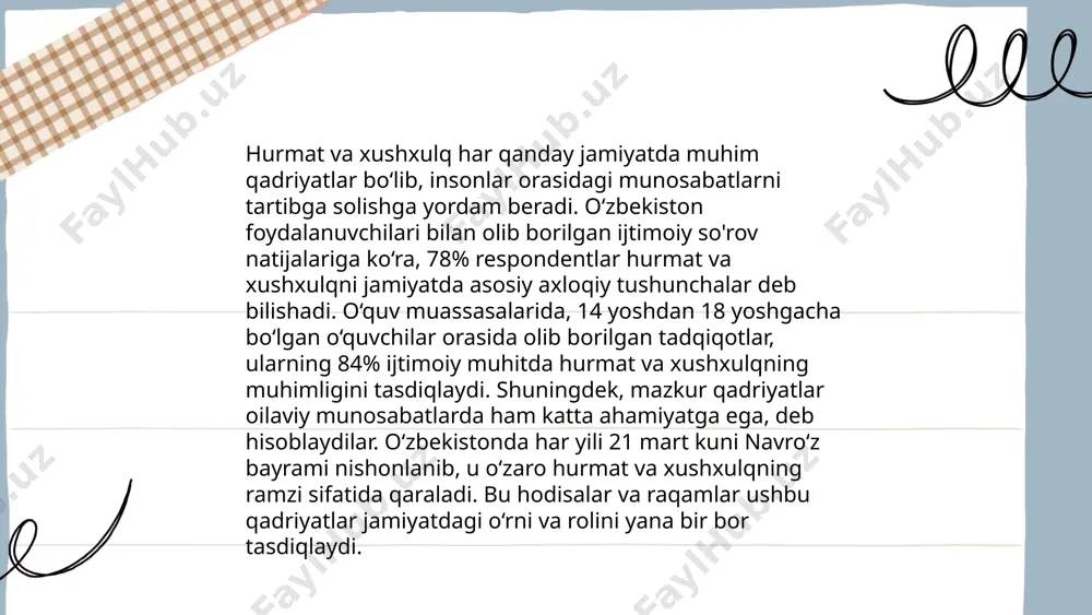uchun ham asos yaratib, butun dunyo miqyosida e'tirof etilgan. ... t.me/slaydai_bot yaxshi so'zlar insonlar o'rtasidagi aloqalarni mustahkamlaydi va ijobiy muhit yaratadi. tadqiqotlar shuni ko'rsatadiki, yaxshi so'zlar ruhiy salomatlikka ijobiy ta'sir ko'rsatib, stress darajasini kamaytirishi mumkin. yaxshi so'zlar orqali bildirilgan minnatdorchilik hissi, masalan "rahmat" yoki "iltimos", ijtimoiy aloqalarni mustahkamlaydi. har kuni atigi 5 daqiqa ijobiy so'zlar aytish yoki eshitish ko'ngil xotirjamligini ta’minlaydi. shuningdek, bunday so'zlar insonning o'ziga bo'lgan ishonchini oshirishi mumkin. aholining 70% yaxshi so'zlarning motivatsion kuchiga ishonsa, ularga berilgan 30% esa bunday fikrlarni samarasiz deb hisoblaydi. shunga qaramay, jamiyatda yaxshi so'zlarning axloqiy qadriyat sifatida keng tarqalishi ijtimoiy uyg'unlikka olib keladi. imom buxoriyning "al-adab al-mufrad" asari xusenova mehriniso e'tiboringiz uchun raxmat! image1.png image2.png image3.png /docprops/thumbnail.jpeg