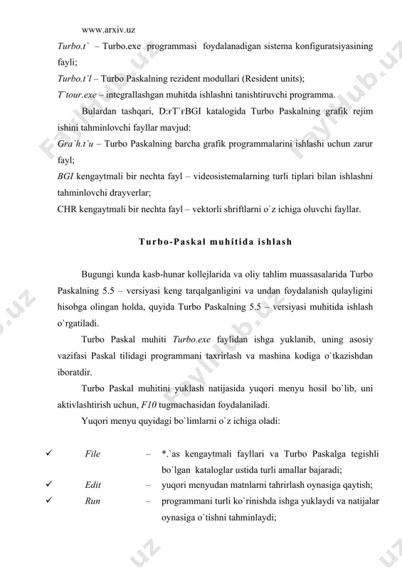 ; · `ick (altқf3) – tanlashni belgilaydi; · new – yangi dastur uchun oynani tozalaydi; · save (f2) – ekrandagi dasturni tashqi xotiraga joylaydi; · write to – ishchi faylni yangi nom bilan yozadi; · change dir – faol katalogni almashtiradi; · os shell – vaqtincha os ga chiqishni tashkillaydi; · quit (altқx) – turbo paskalmuhitidan chiqish. run bo`limi: · run (ctrlқf9) – yuklangan dasturni bajartiradi (ishga tushiradi); · `rogram reset (ctrlқf2) – oldindagi parametrlarni taxrirlash; · goto cursor (f4) – kursor turgan joyga qaytishni amalga oshirada; · trace into (f7) – dasturni qadamlab bajarish imkoniyatini hosil qiladi; · setu` over (f8) – protseduraga kirishni tahminlaydi; · user screen (alt-f5) – natijalar oynasiga o`tish. com`ile bo`limi: · com`ile (altқf9) – dasturni kompilyatsiya qiladi; · make (f9) – dasturni kompilyatsiya qilishga tayyorlaydi; · build – dasturni kompilyatsiya qilishga tayyorlaydi (make dan farqi, dasturga tegishli barcha fayllarni tekshiradi); · destination – dasturni …