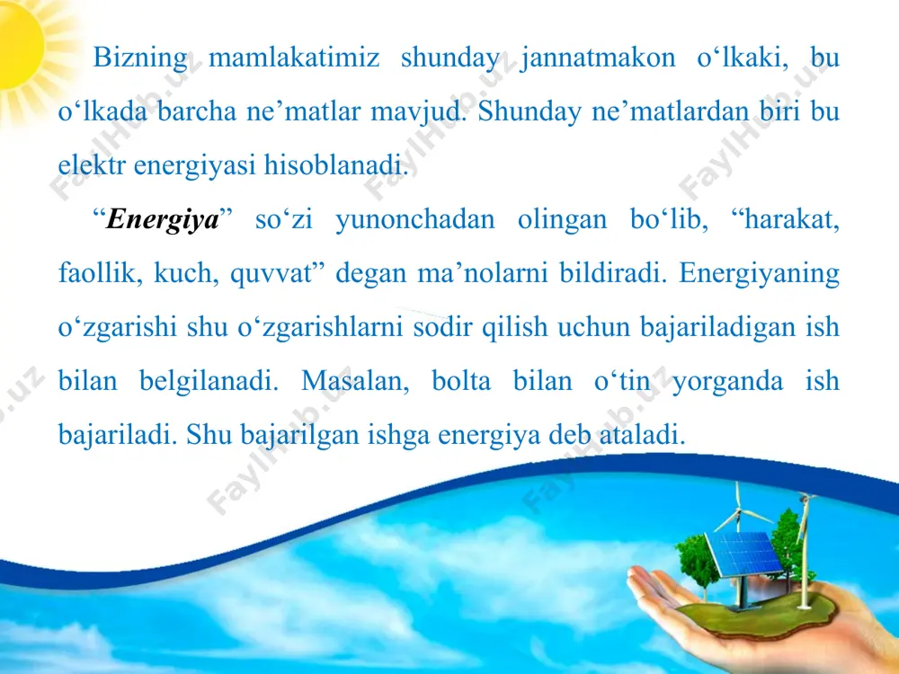h bilan barobar aylanib, quyosh nurlarini suyuqlik, ko‘pincha suv bilan to‘ldirilgan sig‘imga yo‘naltiradi. keyingi jarayonlar esa odatdagi issiqlik elektr stansiyalaridagi kabi davom etadi. ya’ni, suv isib qaynaydi va bug‘ga aylanadi. bug‘ turbinani, turbina esa generator rotorini aylantiradi va shu tariqa elektr energiyasi ishlab chiqariladi. quyosh batareyalari – elektr energiyasini muntazam ishlab chiqarish yoki keyinchalik foydalanish uchun uni to‘plash imkoniyatiga ega. quyosh batareyalari tuzilishining oddiyligi, o‘rnatishning osonligi, ko‘p xizmat talab etmasligi va uzoq muddat foydalanish mumkinligi bilan ajralib turadi. atom energiyasi – atomlarning markazida joylashgan atom yadrosida sodir bo‘ladigan jarayonlar natijasida ajralib chiqadigan energiyadir. bu energiya bir tomondan elektr energiyaning tannarxini kamaytirsa, ikkinchi tomondan insoniyatni bir necha yuz yillar davomida energetika muammolaridan xalos qiladi. mamlakatimizda ilk atom elektr stansiyasi rossiyaning “rosatom” korporatsiyasi bilan hamkorlikda barpo etilmoqda. u navoiy va buxoro viloyatlari chegarasida joylashgan to‘dako‘l suv ombori yaqinida quriladi. atom elektr stansiyasini 2028-yilgacha ishga tushirish rejalashtirilgan. shamol energiyasidan, asosan, elektr energiyasi olish …