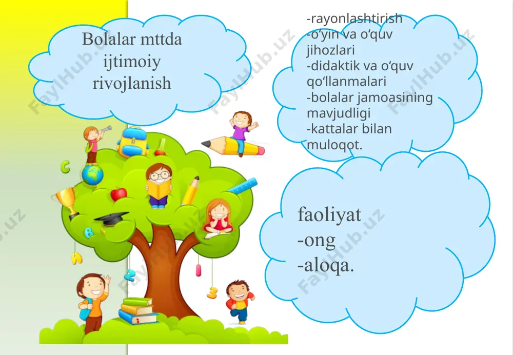 ratilgan maqsadni belgilaydi. shaxsga ijtimoiy muhitning ta’siri ham muhim.bu tarbiya tizimi orqali amalga oshiriladi. faoliyat faol va passiv bo‘lishi mumkin. o‘smir faoliyati muhit va tarbiya ta’sirida faollashishi yoki susayishi mumkin. inson shaxsining rivojlanishida uning butun vujudi bilan sevib, o‘z imkoniyatlarini namoyon etib, mehnat qilish, o‘zini shaxs sifatida ko‘rsata olishi unda o‘z faoliyatidan qoniqish hosil qiladi.uning ijtimoiy mehnatdagi ishtirokida faollik ko‘zga tashlanadi. faoliyatning asosiy turi – muloqotdir. rivojlanishning yosh va o‘ziga xos xususiyatlari. ma’lum bir yosh davriga xos bo‘lgan anatomik, fiziologik (jismoniy) va psixologik xususiyatlari yosh xususiyatlari deb ataladi. ana shu yosh xususiyatlarni hisobga olgan holda ta’lim va tarbiya ishi tashkil etiladi. shunda bola rivojlanishiga tarbiya ta’siri kuchli bo‘ladi. эътиборингиз учун рахмат! image2.png /docprops/thumbnail.jpeg