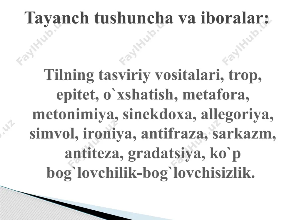boralarni ko`chma ma’noda ishlatish. a) soda metafora: gumbaz, ilon, lochin… b) kengaygan metafora; zangora kema, oq oltin, po`lat qush o` x sh a t i sh – narsa va hodisalar o`rtasidagi o`xshashlikka asoslanib, ularning biri orqali ikkinchisining belgisini, mohiyatini to`laroq, aniqroq, bo`rttiribroq ko`rsatib berish; yoqut payola, suvga tushgan mushukday, m e t o n i m i y a (gr. boshqacha nom berish) tashqi va ichki tomondan bir-biriga aloqador narsa yoki hodisalarning nomi boshqa narsa yoki hodisaga ko`chiriladi s i n e k d o x a narsalarning son yoki butun qismlari orasidagi munosabatning nazarda tutilishi.besh qo`l baravar emas a l l e g o r i y a (gr. piching, kinoya) – mavhum tushunchalarni aniq narsa bilan almashtirish. ko`rpangga qarab oyoq uzat. s i m v o l – hayotiy voqea, tushuncha va narsalar ifodasi uchun shartli ravishda ko`chma ma’noda ishlatiladigan so`z: tong – yoshlik, tun – baxtsizlik, qora …