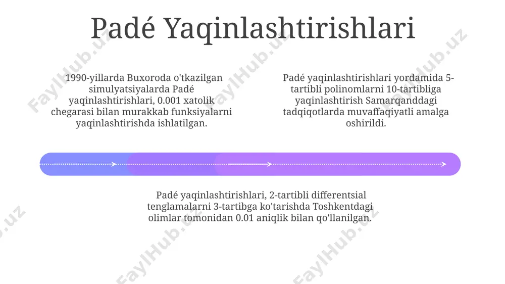 3-tartibli modellarning 100 dan ortiq naycha moduli uchun hisoblash vaqtini 10 barobarga qisqartirishini ko'rsatdi. samarqanddagi 5-tartibli yaqinlashtirish modeli, 1000 ta naycha moduli uchun qoldiqlarni hisoblashda o'rtacha 0,001% xatolikni ko'rsatdi. yuqori tartibli yaqinlashtirish usullari add text add text add text add text add text add text 3-tartibli runge-kutta usuli va 5-tartibli dormand-prince usuli kabi yuqori tartibli usullar, samarqanddagi simulyatsiyalarda 1000 ga yaqin ma'lumot nuqtalari bilan ishlatilgan va yuqori aniqlikka erishilgan. yuqori tartibli yaqinlashtirish usullaridan foydalanib, 20 ta quvur moduli uchun qoldiqlarni 0.01% gacha aniqlik bilan hisoblash mumkin, bu esa toshkent shahridagi tajribalar natijasida tasdiqlangan. yuqori tartibli yaqinlashtirish usullari, masalan, chebishev polinomlari yordamida, 7-tartibli aniqlikka erishish imkonini beradi va bu farg'ona vodiysi gaz quvurlari tarmog'ining modellarida qo'llanilishi mumkin. xulosa va kelajakdagi ish 01 02 03 samarqand viloyatida o'tkazilgan 50 ta simulyatsiya natijalari 4-darajali yaqinlashtirishning aniqroq natijalar berishini, xatolik darajasini 0,5% gacha pasaytirishini ko'rsatdi. kelgusi tadqiqotlar 5-darajali va undan yuqori yaqinlashtirish usullarini farg'ona …
