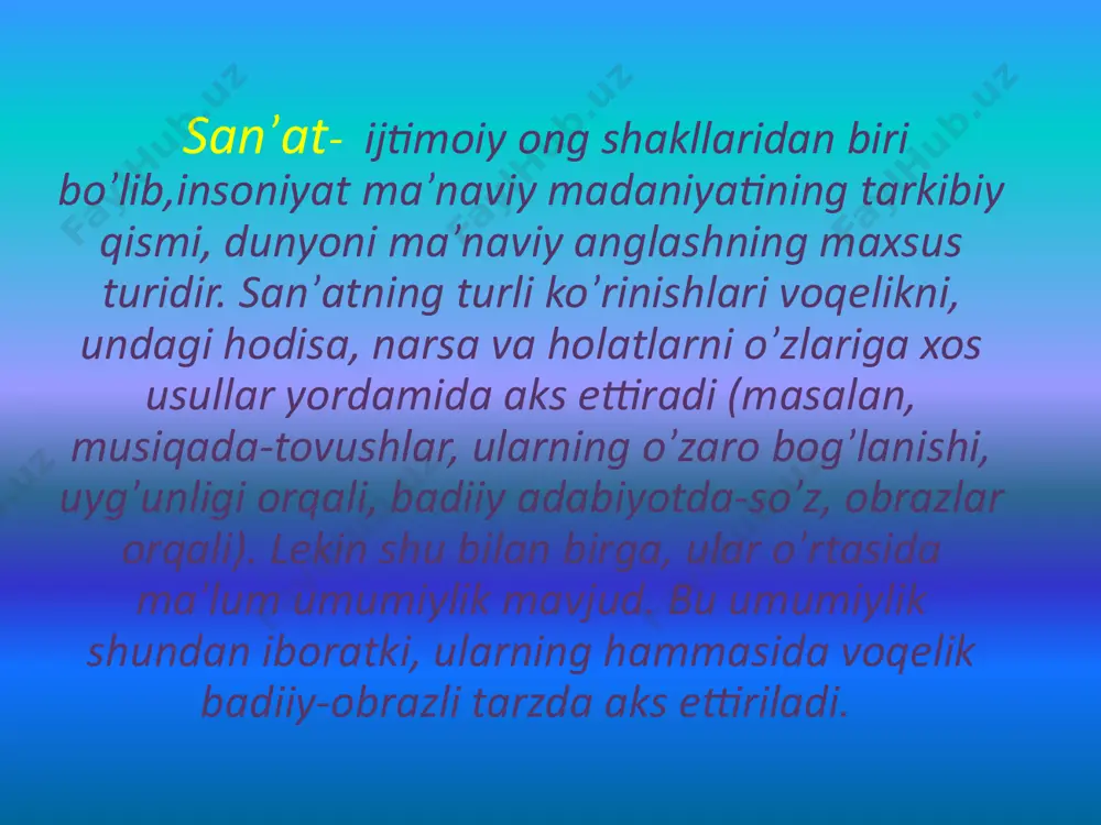 ma’lumot qimmatiga ega. ijodning bu turi bilan shug’ullanuvchi san’atkor-rassom ranglar vositasida tabiatni, muhitni (uning ma’lum bir qismini, ma’lum bir daqiqadagi holatini) gavdalantirish bilan birga ro’y berayotgan voqea, hodisa mohiyati, kishilarning ichki dunyosini va ma’lum bir g’oyani aks ettiradi. tasviriy san’at rivojiga uyg’onish davrida katta hissa qo’shildi. velaskes, murilbo, pero della francheska, bottichelli, leonardo da vinchi, mikelanjelo, rafael, titsian kabi buyuk rassomlar estetik jihatdan bebaho asarlari bilan tasviriy san’at tarixida unutilmas obrazlar yaratdilar. haykaltaroshlik. haykaltaroshlik - tasviriy san’atning turi bo’lib, tasvirlanadigan narsani hajmli, uch o’lchovli (uzunlik, kenglik, balandlikka ega) qilib aks ettirish tamoiliga asoslangan san’at turi. asosan, inson, qisman hayvon va qushlar, tabiat (manzara), narsalar (natyurmort) ifodalanadi. haykaltaroshlik asarlari, asosan, 2 turga: hamma tomonidan ko’rish imkoni bo’lgani, mukammal shaklli haykalga va bir tomondangina ko’riladigan relyefga bo`linadi. amaliy bezak san’ati. “ xalq amaliy bezak san’ati kishilarning ma’naviy olamini boyitadi, badiiy didini shakllantiradi, ruhiyatini tarbiyalaydi”. s.bulatov. xalqimizning amaliy san’ati boy an’analarga va uzoq …