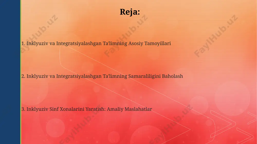 giyalar va inklyuziv yondashuvlar natijasidir. integratsiyalashgan ta'limda 20 dan ortiq talaba, shu jumladan, turli xil ehtiyojlari bo'lgan 5 nafar bola, qo'qon shahridagi umumta'lim maktabida birgalikda o'qiydi, bu ularning ijtimoiylashuviga yordam beradi. o'zbekistonning 15 ta viloyatida 2023-yilda 1000 dan ortiq maktab integratsiyalashgan ta'limga o'tdi, bu esa bolalarni inklyuziv muhitda ta'lim olish imkoniyatini kengaytirdi. inklyuziv maktab muhiti yaratish toshkent shahridagi 10 ta inklyuziv maktabda o‘tkazilgan kuzatuvlar natijalariga ko‘ra, inklyuziv ta'limning samaradorligi uchun, inklyuziya siyosati bilan birga, jismoniy muhitning moslashuchanligi (rampa, maxsus sanitariya tugunlari va boshqalar) ham muhim ahamiyatga ega ekanligini ko‘rsatdi. samarqand shahridagi inklyuziv maktab tajribasi shuni ko‘rsatadiki, 30 nafar nogiron talabaga 5 nafar maxsus pedagogning ta'siri bilan o‘qish natijalari 25% ga oshgan. bu, o‘qituvchilarning malakasini oshirishning muhimligini ko‘rsatadi. inklyuziv maktab muhiti yaratishda, 2023-yilda o‘zbekistonning 5 ta viloyatida o‘tkazilgan tadqiqotlar shuni ko‘rsatdiki, qo‘shimcha resurslarga ehtiyoj sezadigan 15% talabalarga individual yondashuv kam qo‘llanilgan. inklyuziv va integratsiyalashgan ta'lim nima? inklyuziv ta'limda, o'zbekistonning 2023-yildagi yangi …