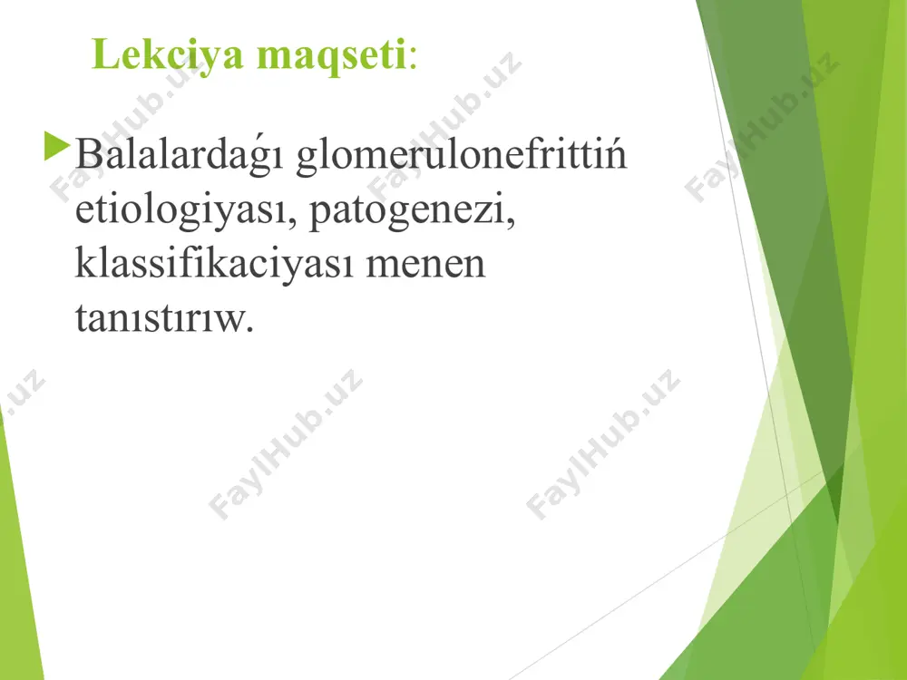 etiologiya keselliktiń baslanıwınan 1-3 hápte aldın faringit, tonzilit, skarlatina, teri zárerleniwleri – impetigo- piodermiya túrindegi streptokokklı infekciyalardıń bolıwı. ósgn di a toparındaǵı -gemolitik streptokokktıń «nefritogenli» shtamları shaqıradı, m 12,18, 25,49, 55,57,60 antigenlarına iye. xronik tonzilitli balada suwıq qatıw, respirator viruslı infekciya yamasa teri nefritogenli a streptokoktı tasıw infekciyanıń aktivlesiwine alıp keliwi hám ósgn ni keltirip shıǵarıwı múmkin. qanda yamasa búyrekte immun komplekslerdiń payda bolıwı, bul jerde antigen ádetde nefritogenli a streptokokklardıń endostreptolizini bolıp tabıladı. patogenez 2 tiykarǵı mexanizm: immunokompleksli (iii tip) autoimmunlı (klubochkalardıń bazallı membranasına auto at hám citotoksik t-limfocitler) patogenez nefritogenli asat sintezi cik payda bolıwı menen (ag +at) asat klubochka antigenları menen ayqaspalı reakciyası bolıp ótedi payda bolǵan immunlı kompleksler komplement sistemasın aktivlestiredi → ekssudativli hám proliferativli processlerdiń rawajlanıwı menen klubochka kapillyarlarınıń endoteliyasınıń zárerleniwı. patogenez endoteliyanıń zárerleniwi gemostatik sistemanıń aktivlesiwine hám klubochkalardıń kapillyarlarınıń mikrotrombozı (trombocitarlı hám fibrinli trombları) menen jergilikli tamır ishindegi qan uyıwshańlıǵınıń rawajlanıwına alıp keledi. patogenez …
