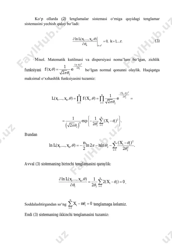 ud? 2. tuzilgan statistik baholarning bir-biridan qanday farqi bor? foydalanilgan adabiyotlar 1. ш.қ.форманов “эҳтимолликлар назарияси”, тошкент “университет” 2014 й. 2. ross, sheldon м. a first course in probability. pearsoneducation, inc. 2010. 3. с.ҳ.сирожиддинов, м.маматов «эҳтимоллар назарияси ва математик статистика», тошкент, «ўқитувчи», 1980 й. 4. robert b. ash basic probability theory. dover publications, inc. 2008. 5. ross, sheldon м. a first course in probability. pearson education, inc. 2010. 6. ивченко г.и., медведев ю.и. введение в математическую статистику. м.: лки. 2010. 7. боровков а.а. “математическая статистика”, москва “лань” 2010 г. стр 705. 8. а.а.абдушукуров, т.а.азларов, а.а.джамирзаев «эҳтимоллар назарияси ва математик статистикадан мисол ва масалалар тўплами» тошкент, «университет», 2003 й. internet saytlar http://www.nsu.ru/icem/grants/etfm/ ; http://www.lib .homelinex.org/math/; http://www.eknigu.com/lib/mathematics/; http://www.eknigu.com/lib/mathematics/