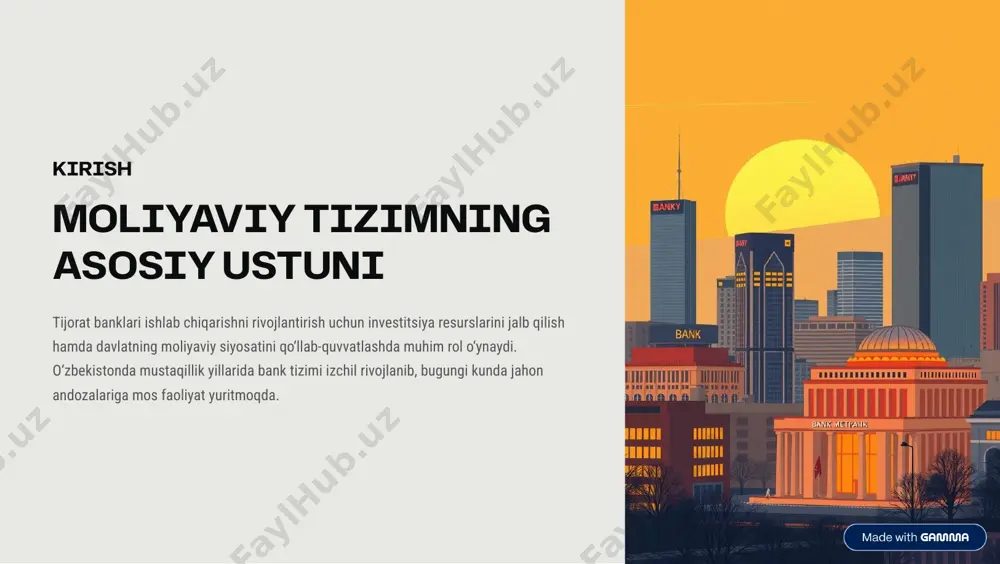 a9minlash banklar hisob-kitob va to8lov tizimlarini rivojlantirish orqali iqtisodiy munosabatlarning samaradorligini oshiradi. https://gamma.app/?utm_source=made-with-gamma iqtisodiy rolning davomi investitsiya jarayonini qo8llab- quvvatlash bank kreditlari va investitsiya resurslari yangi ishlab chiqarish quvvatlarini yaratishda muhim manba bo8ladi. aholining turmush darajasini oshirish ipoteka, iste9mol krediti va jamg8arma xizmatlari orqali aholining moddiy sharoitlarini yaxshilashga yordam beradi. https://gamma.app/?utm_source=made-with-gamma davlat siyosatidagi hamkorlik davlat moliyaviy siyosatini amalga oshirish tijorat banklari davlat dasturlari, ijtimoiy loyihalar va infratuzilma rivojiga oid vazifalarni bajarishda hamkorlik qiladi. https://gamma.app/?utm_source=made-with-gamma xulosa o8zbekistondagi tijorat banklari nafaqat moliyaviy muassasa, balki iqtisodiyotning barqaror rivojlanishini ta9minlovchi asosiy institutlardan biridir. ularning asosiy vazifalari 3 mablag8larni to8plash, samarali taqsimlash va iqtisodiy o8sishni qo8llab-quvvatlashdir. https://gamma.app/?utm_source=made-with-gamma kelajak sari bugungi kunda tijorat banklari yangi texnologiyalar asosida xizmat ko8rsatish darajasini oshirmoqda, bu esa mamlakatimizning global moliya tizimidagi mavqeini mustahkamlashga xizmat qilmoqda. https://gamma.app/?utm_source=made-with-gamma