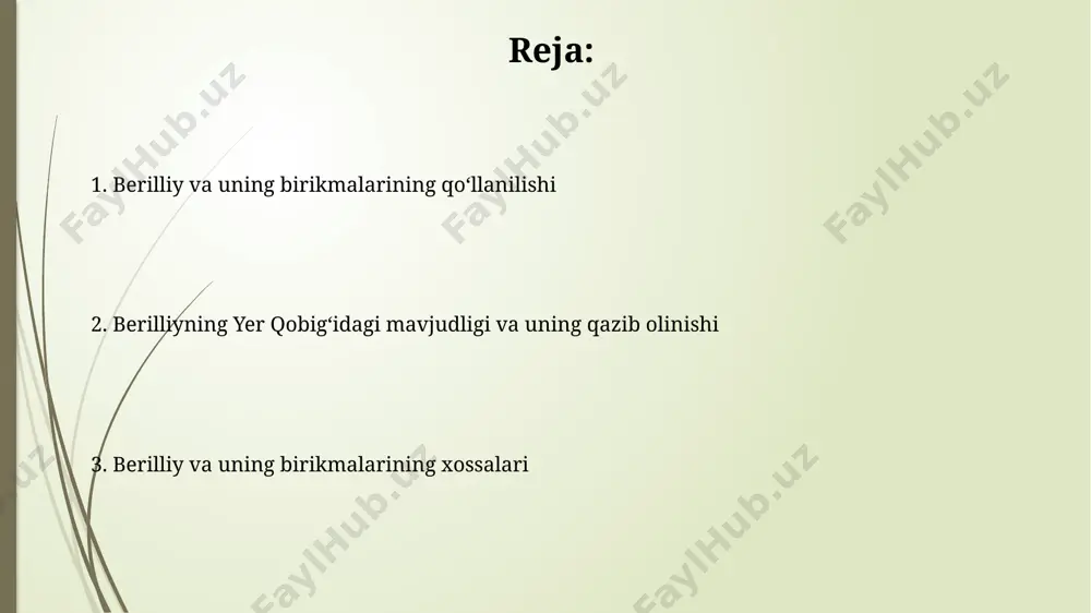 ing kimyoviy xossalari berilliyning gidroksidi (be(oh)2) amfoter xossalarga ega, ya'ni kislotalar va ishqorlar bilan reaksiyaga kirisha oladi va tuzlar hosil qiladi. berilliy 1300°c dan yuqori haroratlarda kislorod bilan reaksiyaga kirishib, beo oksidini hosil qiladi, bu juda yuqori erish nuqtasiga (2530°c) ega bo'lgan oq rangli kristall moddadir. berilliy olish usullari berilliy gidroksidini (be(oh)₂) 1000°c dan yuqori haroratda qizdirish orqali yuqori tozalikdagi berilliy oksidi (beo) olish mumkin, keyinchalik bu oksid elektroliz qilinadi. berilliy xlorid (becl₂) ning elektrolizi, odatda, 700-800°c haroratda, erigan tuz elektrolitlarida o'tkaziladi va yuqori darajadagi tozalikka ega berilliy hosil qiladi. e'tiboringiz uchun rahmat @taqdimot_robot image1.jpg image2.jpg image3.jpg image4.jpg image5.jpg image6.jpg image7.jpg