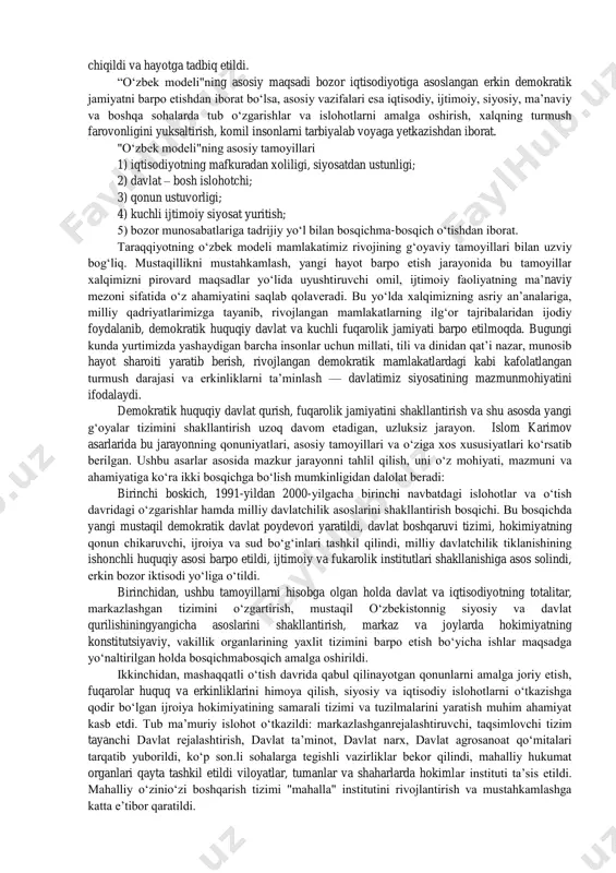 fatida ro‗y berdi. o‗sha davrda jamiyatda ana shu tuzum o‗rnida shakllanayotgan yangi davlat va jamiyatning tarkibiy qismlarini yaratish, bunda yangi g‗oyalar tizimiga xos bo‗lgan umuminsoniy andozalar va milliy xususiyatlardan foydalanish muhim ahamiyat kasb etgan edi. mustaqillikni mustahkamlash jarayoni bu vazifalarni muttasil hal qilish, g‗oyaviy tarbiya ishlarini doimiy olib borish, o‗sibunib kelayotgan yosh avlod mafkuraviy immunitetini uzluksiz shakllantirib turishni zaruratga aylantirdi. mamlakatimiz rivojlanishiga xos g‗oyaviy tamoyillarning hayotbaxshligi taraqqiyotning o‗zbek modelini amalga oshirishda yaqqol namoyon bo‗ldi. jahonda tan olingan bu modelning ratsional mag‗zi jamiyatni inqilobiy tarzda emas, balki evolyutsion tadrijiy ravishda isloh etish g‗oyasini bosqichmabosqich amalga oshirishni nazarda tutadi. uning ko‗pchilik boshqa milliy modellardan farq qiladigan xususiyati shundaki, u faqat iqtisodiy rivojlanish emas, balki keng ma‘nodagi yangi jamiyatni barpo etish modelidir. bu borada jahon tajribasida mavjud bo‗lgan germaniya, shvetsiya, yaponiya, janubiy koreya, fransiya, xitoy kabi mamlakatlarning taraqqiyot modellari ko‗proq iqtisodiy modellar edi. ular siyosiy, ijtimoiy va madaniy hayotni tubdan yangilashni nazarda tutgan …