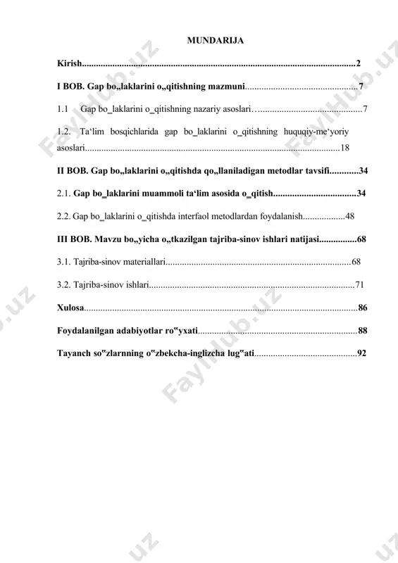 irasi amalda nihoyatda kengaygani uni ilmiy asosda rivojlantirishga qaratilgan tadqiqotlar, tilimizning o‗ziga xos xususiyatlariga bag‗ishlangan ilmiy va ommabop kitoblar, o‗quv qo‗llanmalari, yangi-yangi lug‗atlar ko‗plab chop etilayotgani jamiyat tafakkurini yuksaltirishga o‗z hissasini qo‗shmoqda‖2. yuqorida keltirilgan fikrdan kelib chiqqan holda biz nafaqat o‗zbek tilining fan yutuqlarini ta‘kidlabgina qolmasdan, balki tilshunos olimlar e‘tiborida bo‗lib kelayotgan muammolardan biri – gap bo‗laklari, ularning tipologiyasi va kriteriysi masalalarini e‘tibordan chetda qoldirmasligiz lozim. ushbu mavzuga oid boy ilmiy manbalar yaratilgan bo‗lsa-da, gap bo‗laklari o‗rtasidagi ichki qonuniy bog‗lanishlar, ularni bog‗lovchi hamda farqlovchi muhim belgilar yetarli tadqiq etilmaganligi gap bo‗laklari tiplarini bir-biriga qorishtirilishiga, terminologik chalkashliklarning yuzaga kelishiga olib keladi. bu esa o‗z navbatida o‗qitish tizimida ma‘lum qiyinchiliklarga duch kelinishga sabab bo‗lmoqda. shuningdek, 1 mirziyoyev sh. erkin va farovon demokratik o‗zbekiston davlatini birgalikda barpo etamiz. – t: o‗zbekiston, 2016.b- 14. 2 karimov i.yuksak ma‘naviyat – yengilmas kuch. – t: ma‘naviyat, 2008. b-61. ta‘lim sohasida yuzaga kelayotgan o‗zgarishlar, davlat ta‘lim standartlariga …